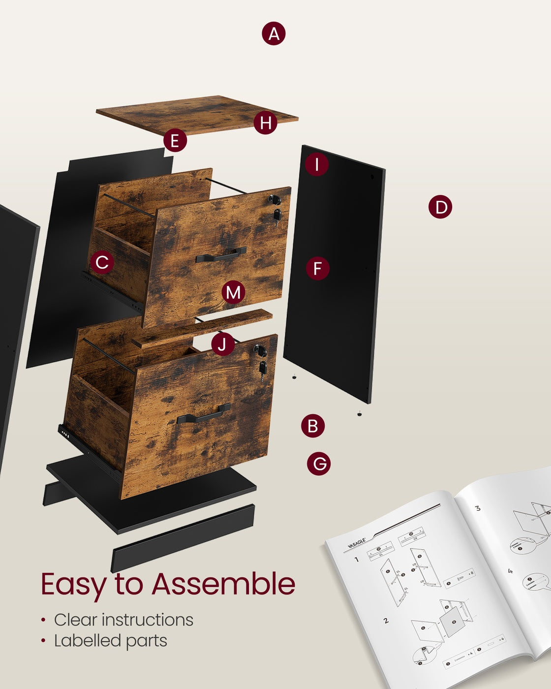 File Cabinet Filing Cabinet for Home Office - Wood - Rustic Brown and Ink Black - with 2 Lockable Drawers