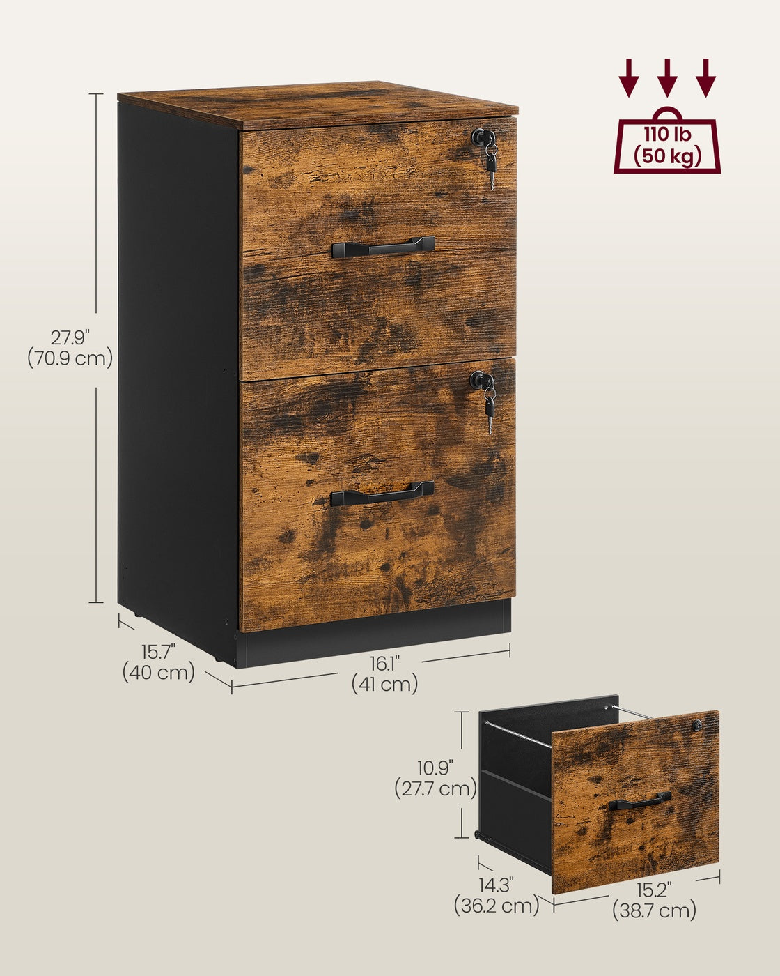 File Cabinet Filing Cabinet for Home Office - Wood - Rustic Brown and Ink Black - with 2 Lockable Drawers
