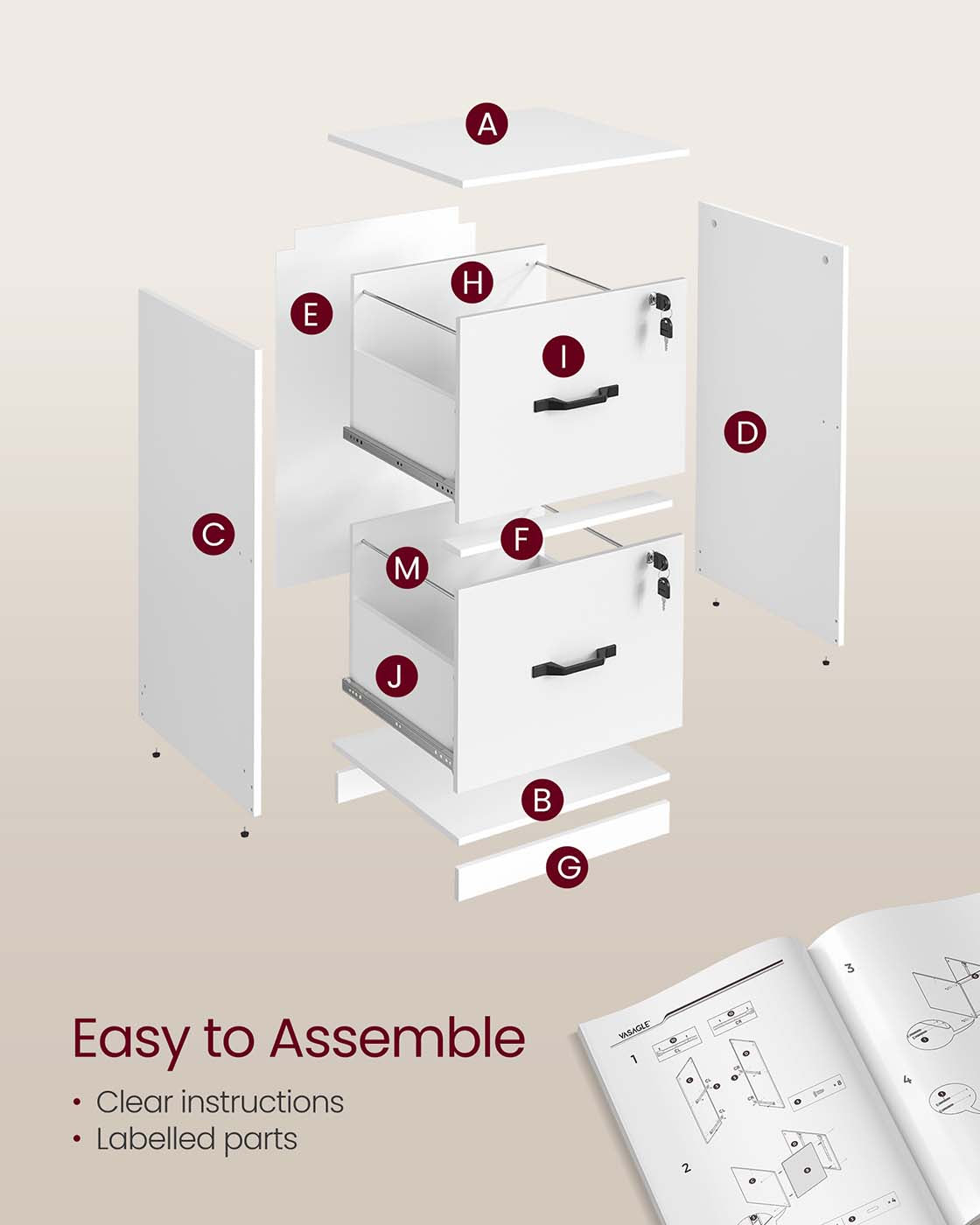 File Cabinet - Wood - Cloud White - Lockable Drawers