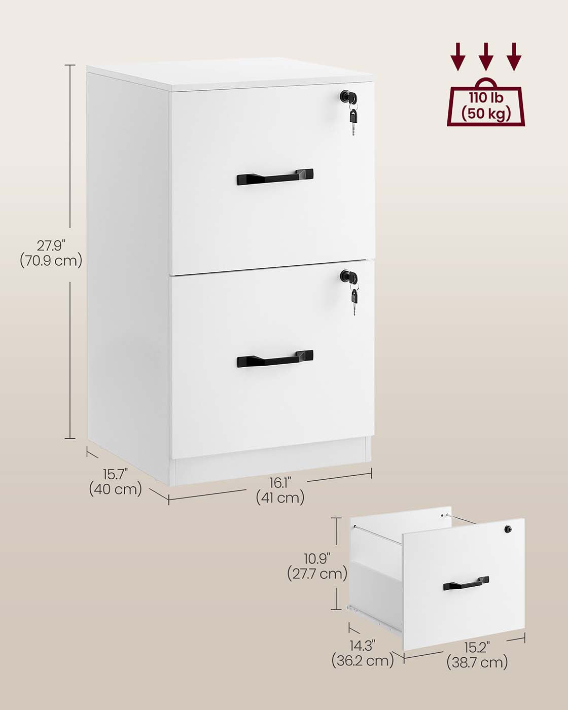 File Cabinet - Wood - Cloud White - Lockable Drawers