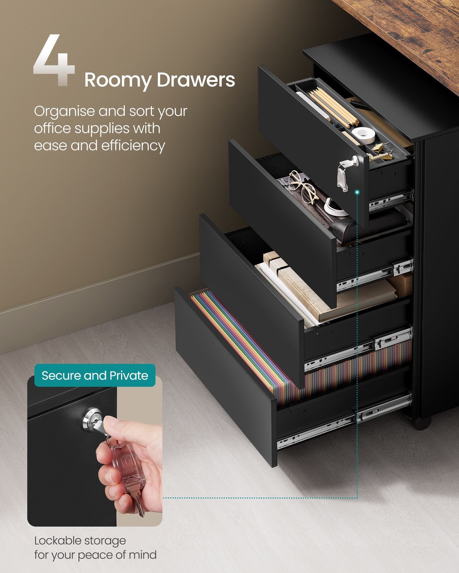 Lockable Mobile File Cabinet - Wood - Ink Black - 4 Drawers