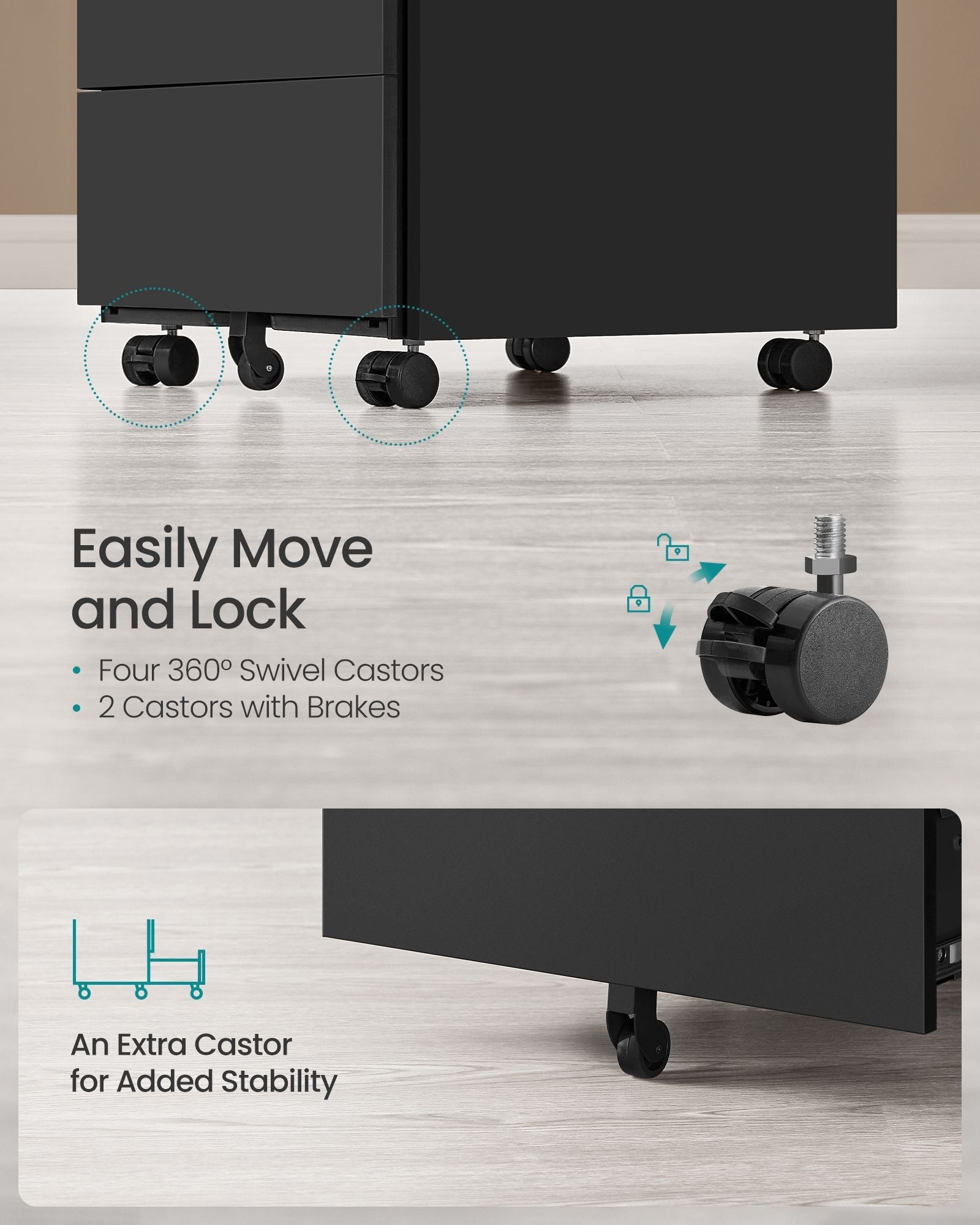 Lockable Mobile File Cabinet - Wood - Ink Black - 4 Drawers
