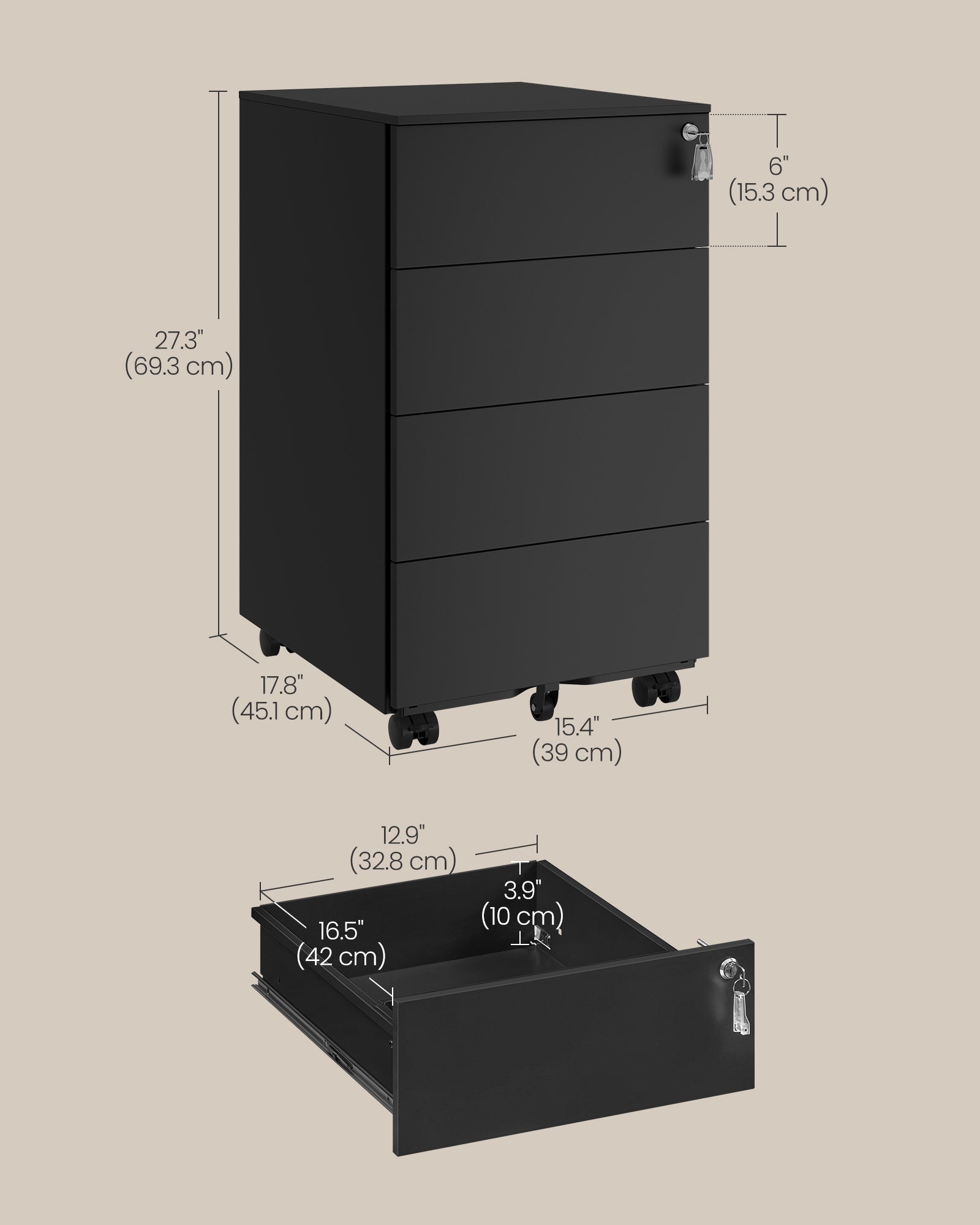 Lockable Mobile File Cabinet - Wood - Ink Black - 4 Drawers