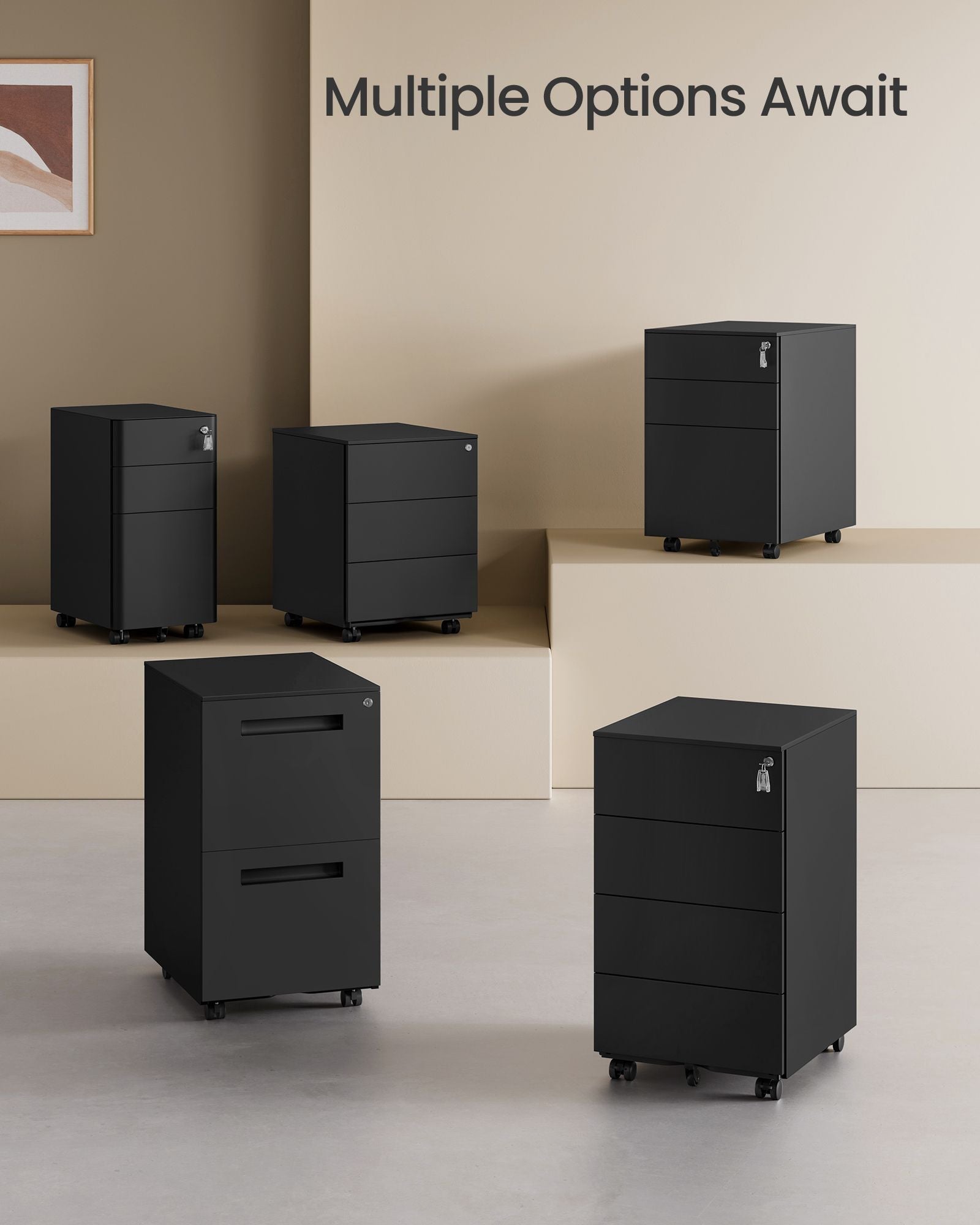 Lockable Mobile File Cabinet - Wood - Ink Black - 4 Drawers