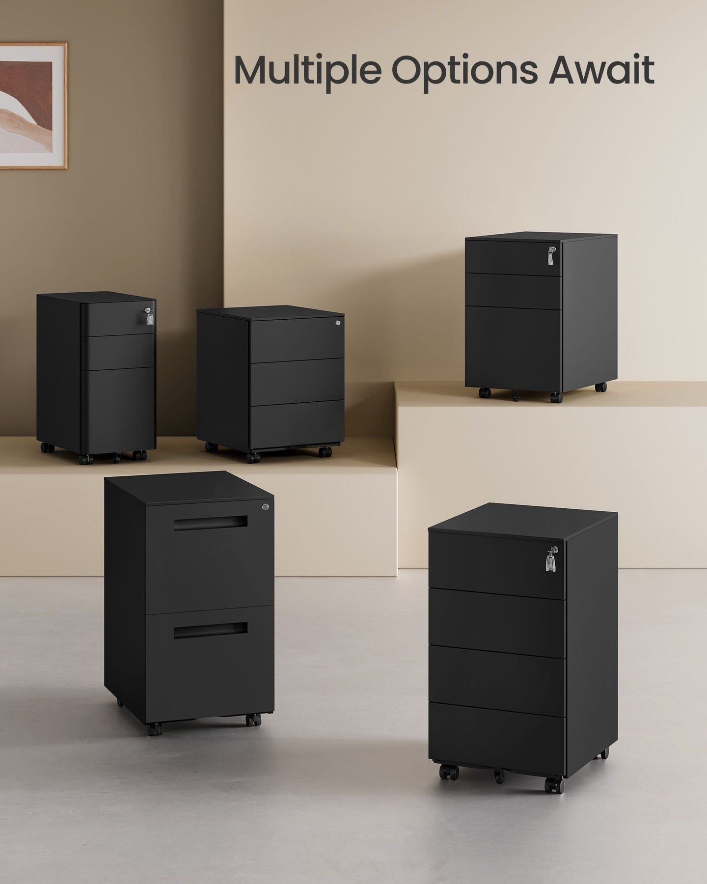 Lockable Mobile File Cabinet - Wood - Ink Black - 4 Drawers