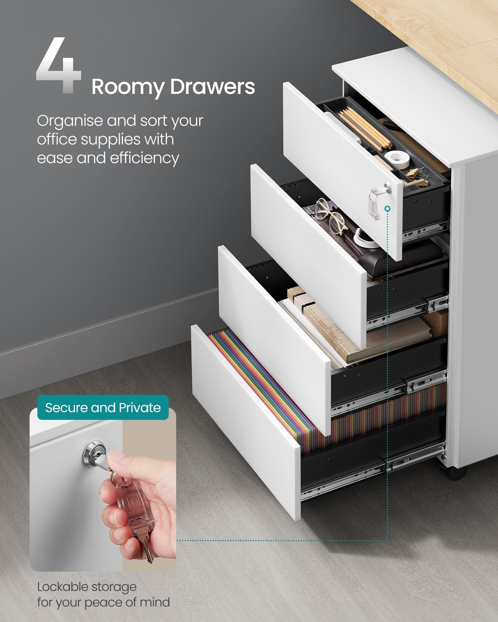 Lockable Mobile File Cabinet - 4 Drawers - Wood - Cloud White