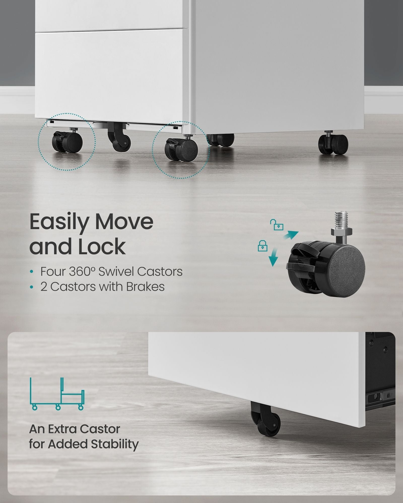 Lockable Mobile File Cabinet - 4 Drawers - Wood - Cloud White