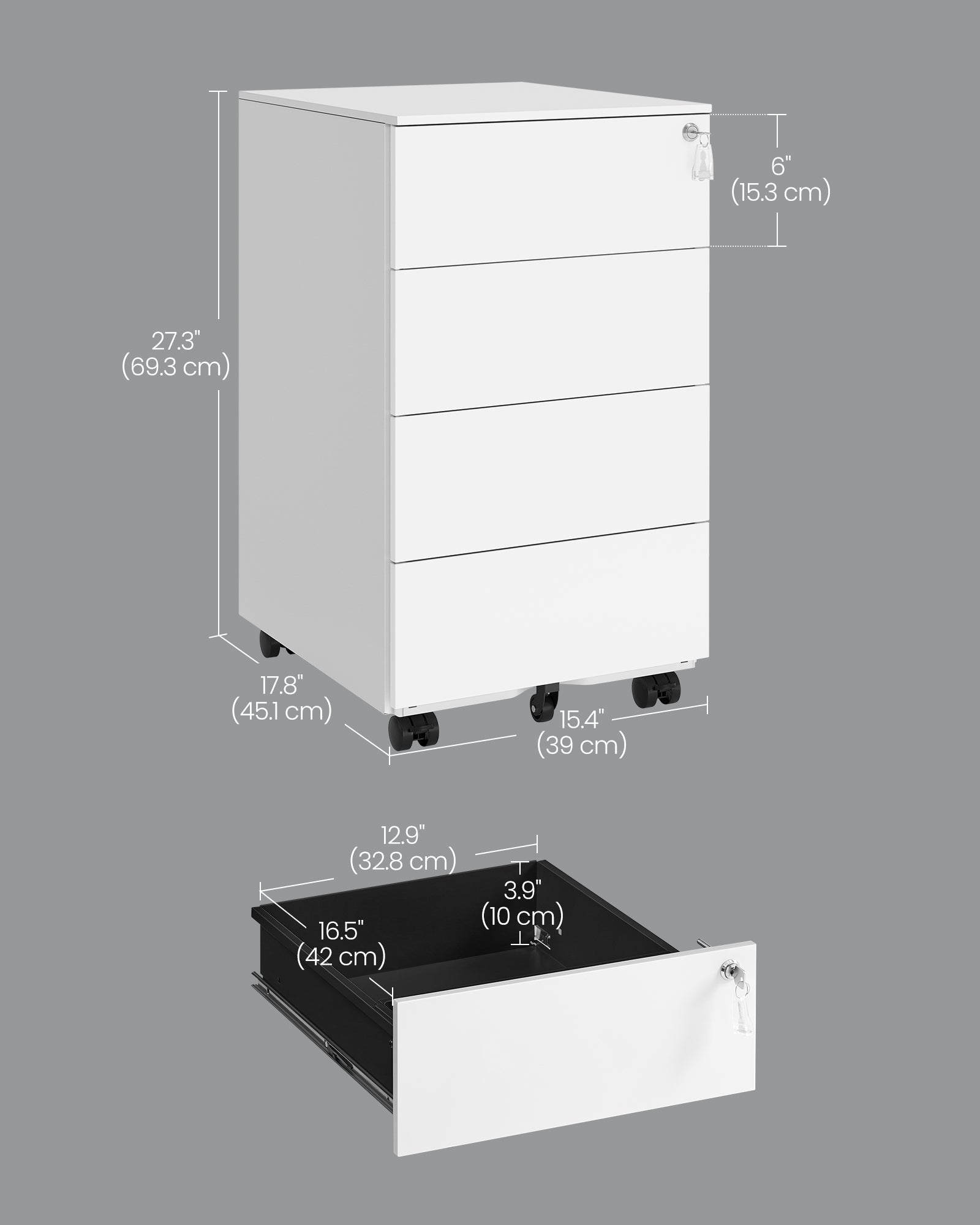 Lockable Mobile File Cabinet - 4 Drawers - Wood - Cloud White
