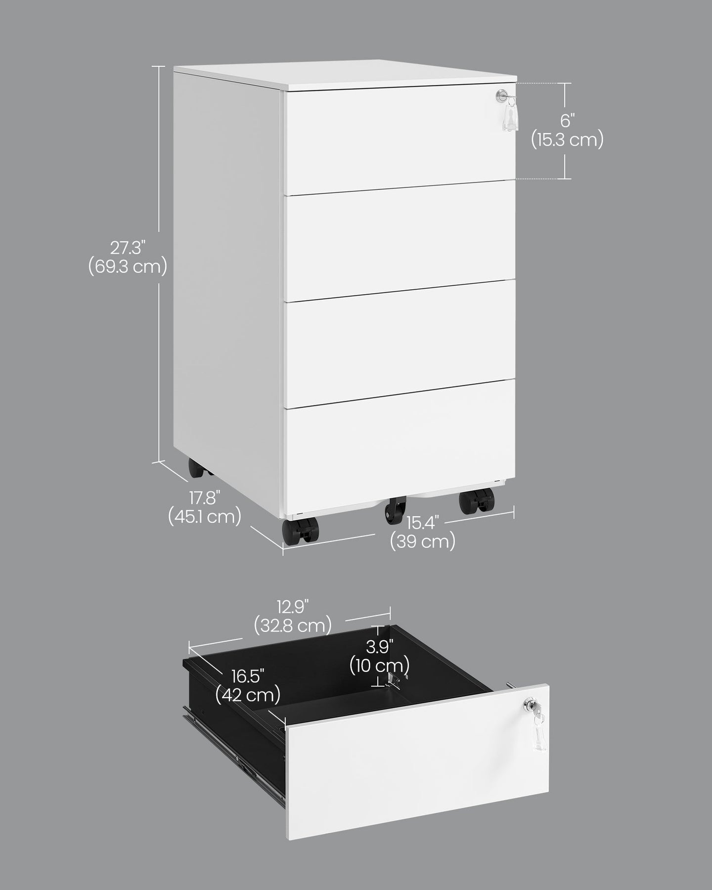 Lockable Mobile File Cabinet - 4 Drawers - Wood - Cloud White