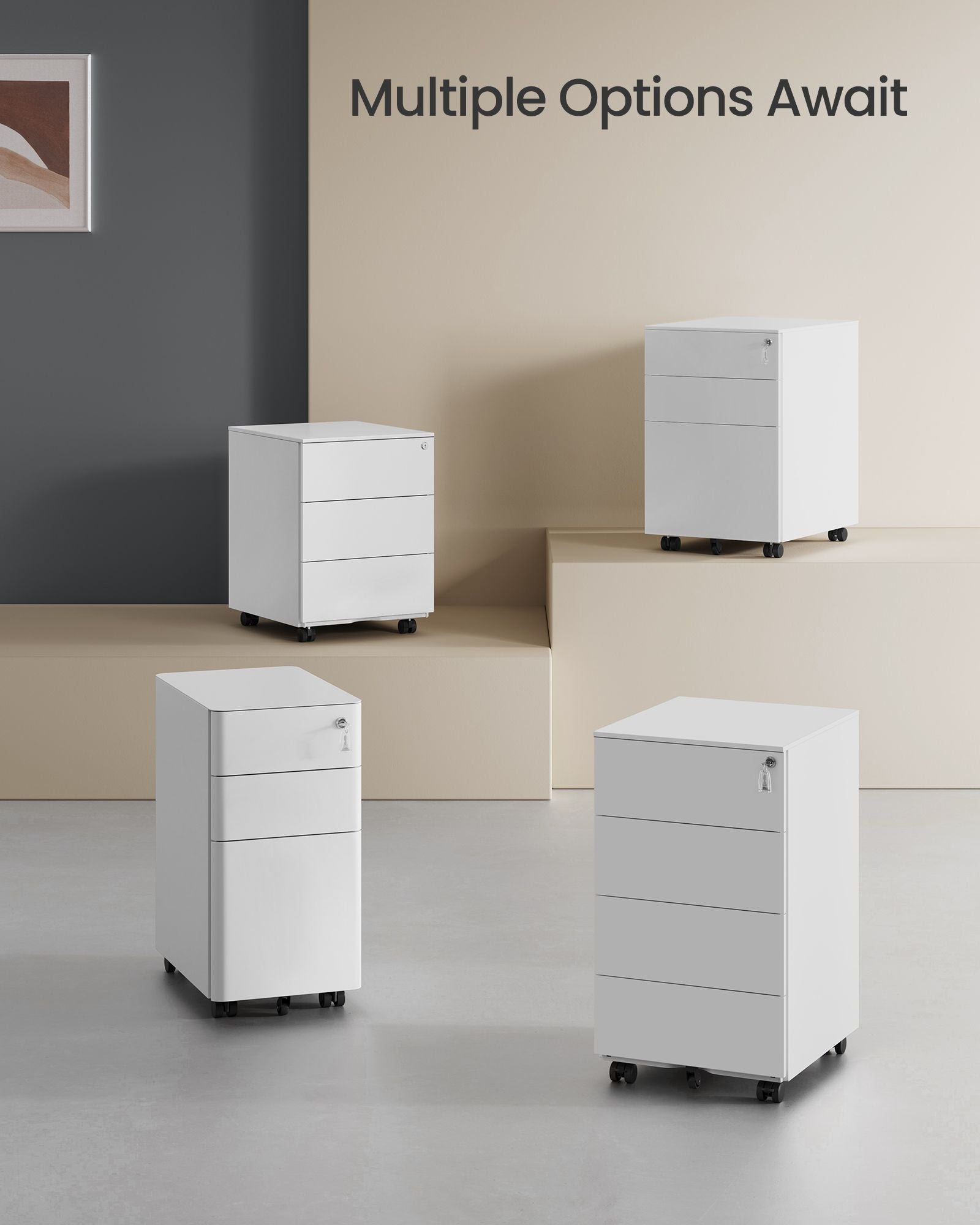 Lockable Mobile File Cabinet - 4 Drawers - Wood - Cloud White