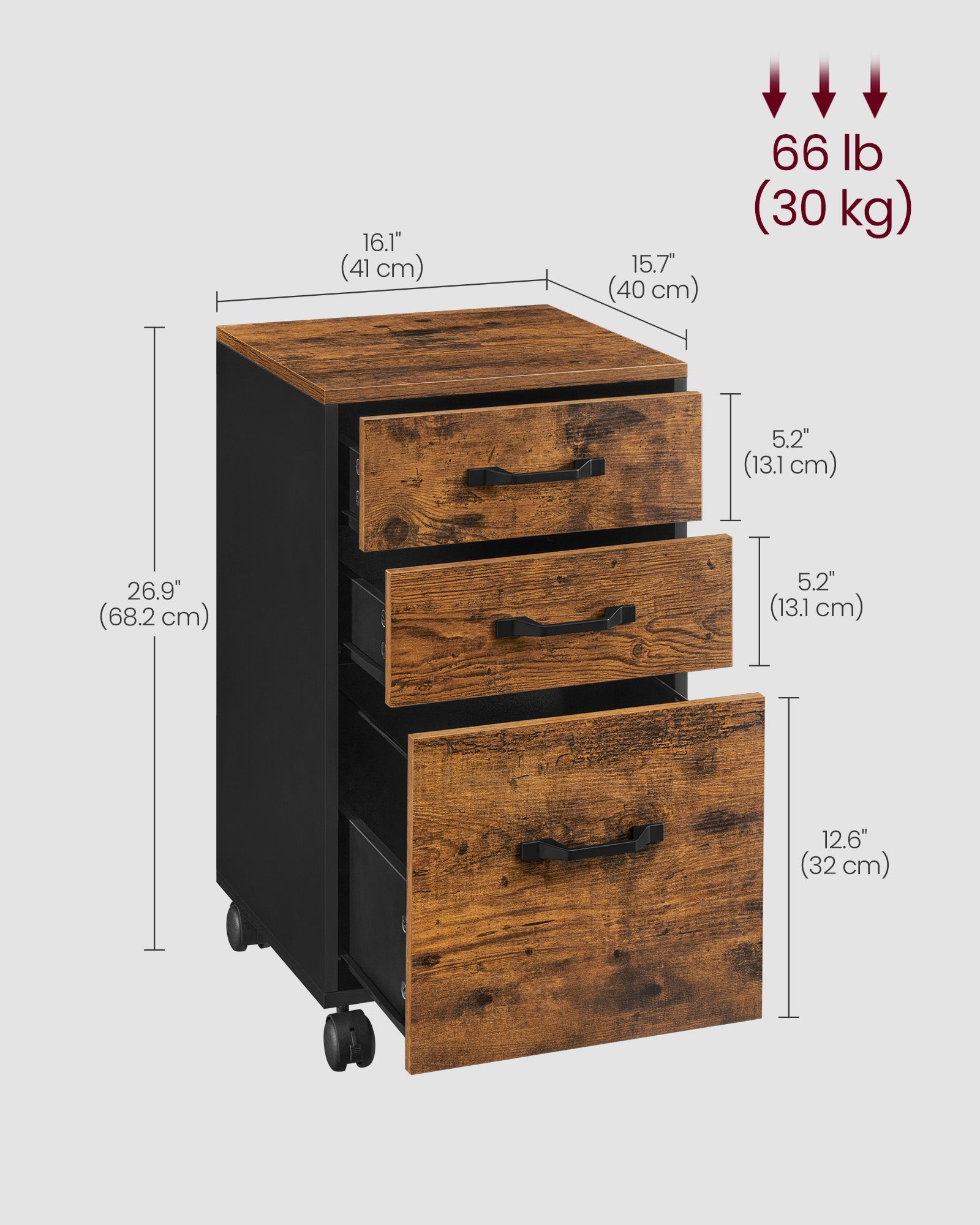 Rolling File Cabinet - Mobile with 3 Drawers - Wood - Rustic Brown