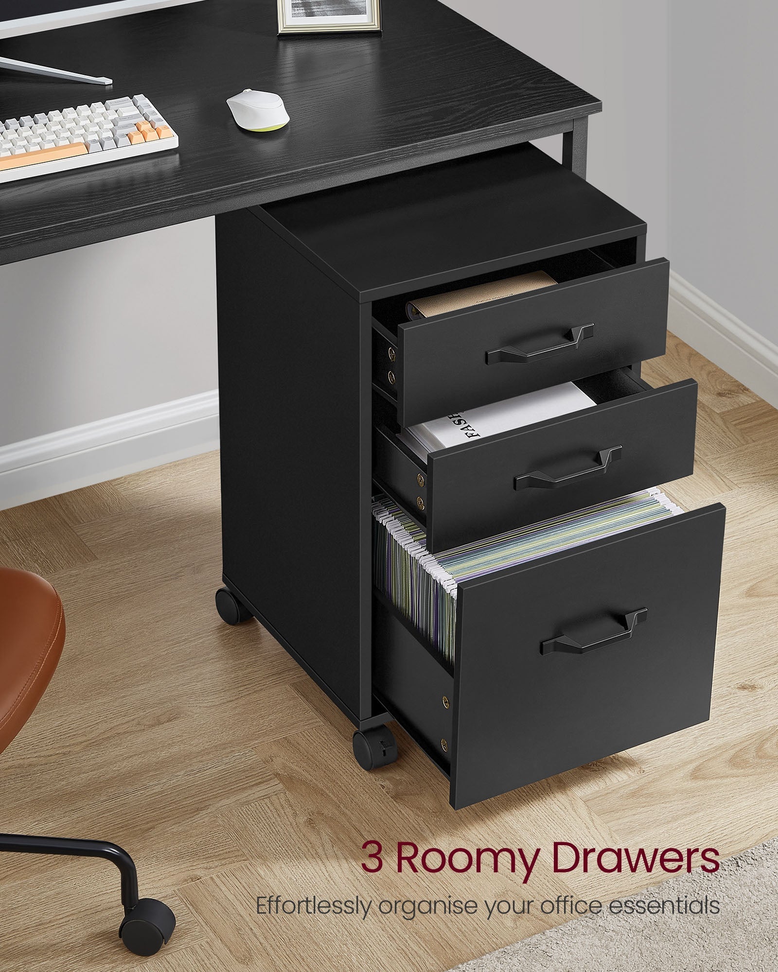 Rolling File Cabinet - 3 Drawers with Wheels - Metal - Ink Black
