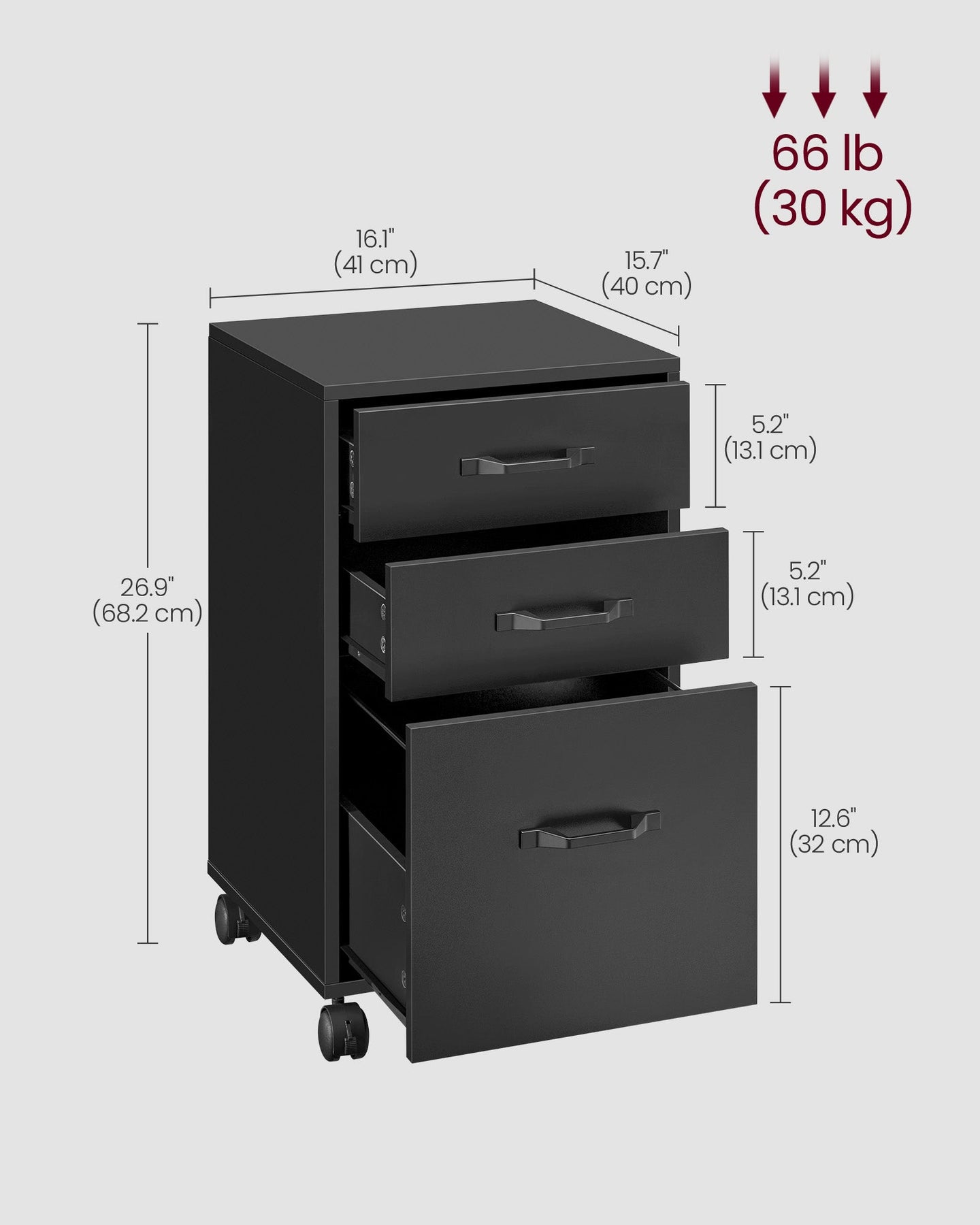 Rolling File Cabinet - 3 Drawers with Wheels - Metal - Ink Black