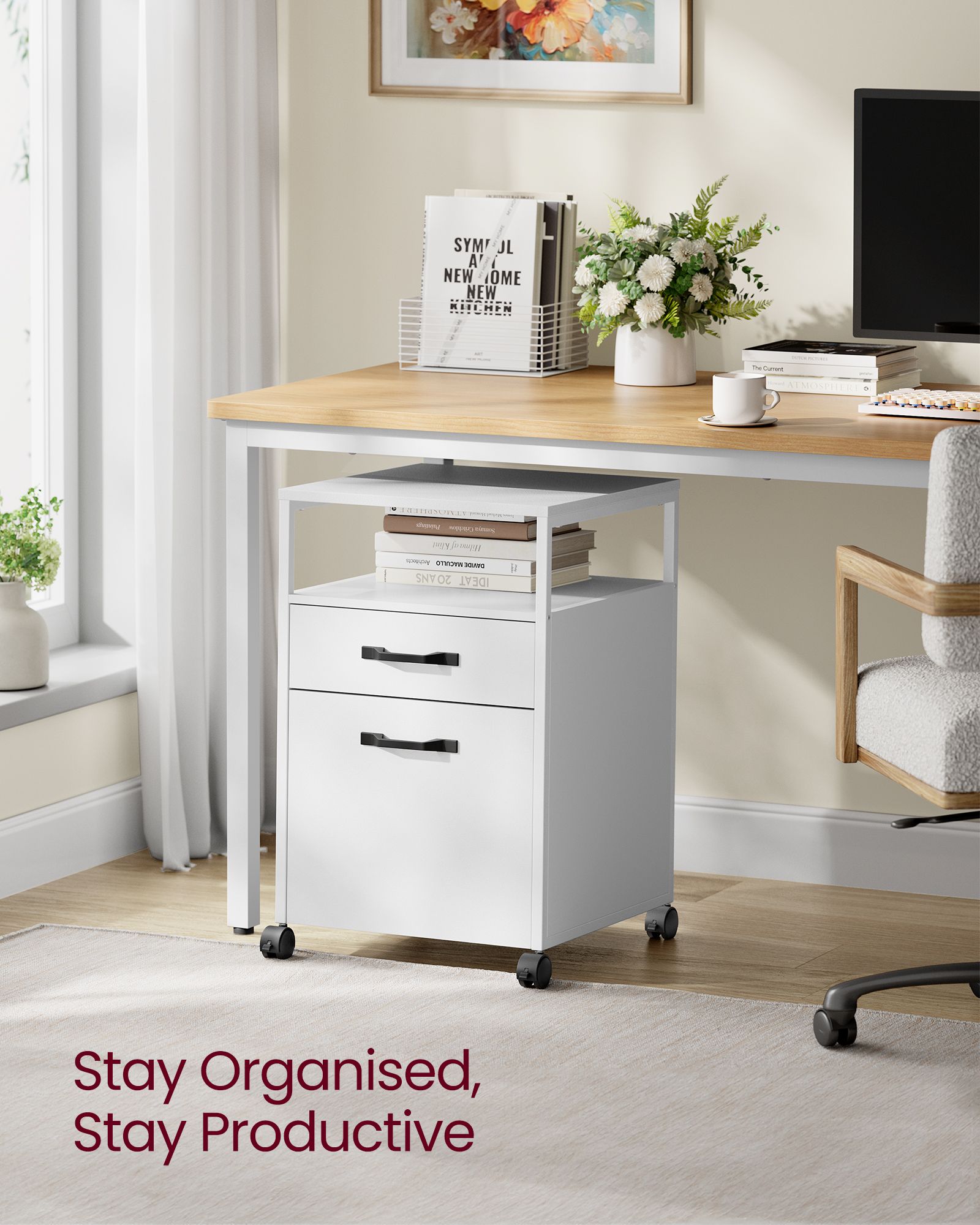 File Cabinet - Steel - Cloud White - 2 Drawers with Open Compartment and Wheels