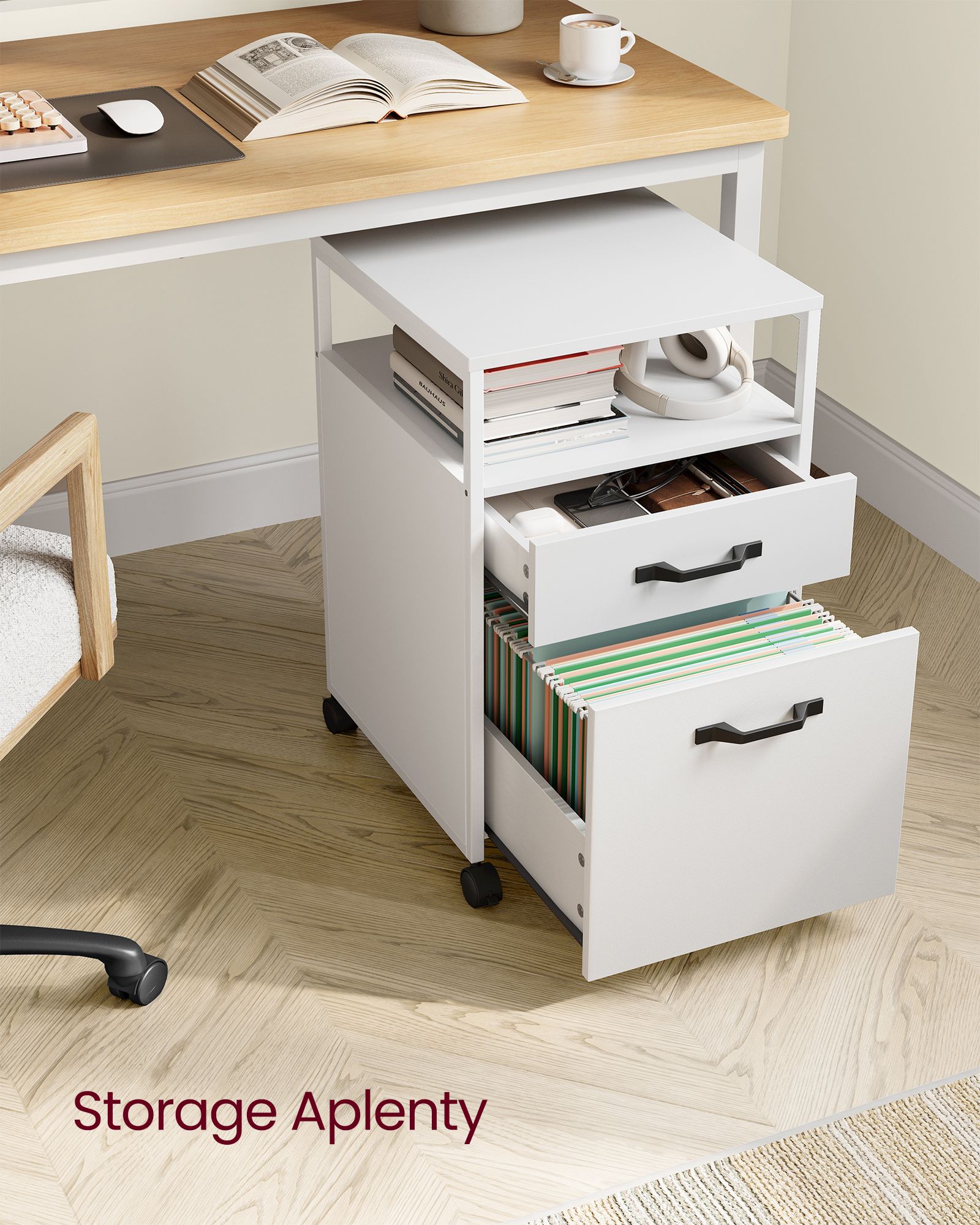 File Cabinet - Steel - Cloud White - 2 Drawers with Open Compartment and Wheels