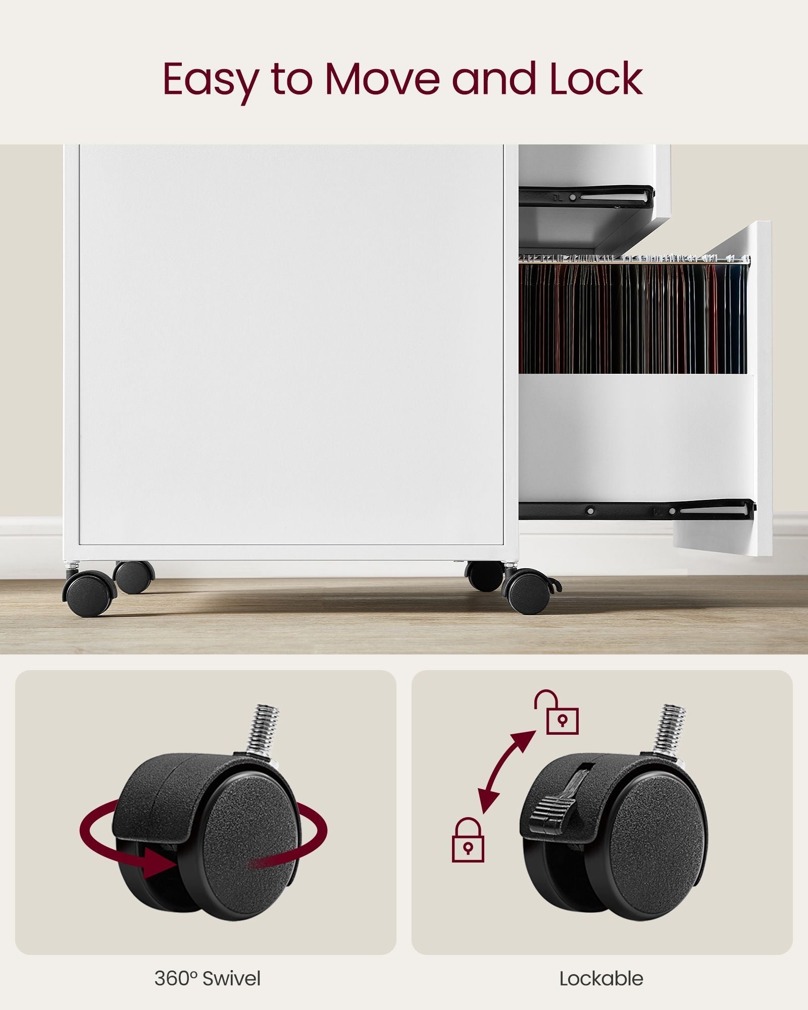 File Cabinet - Steel - Cloud White - 2 Drawers with Open Compartment and Wheels
