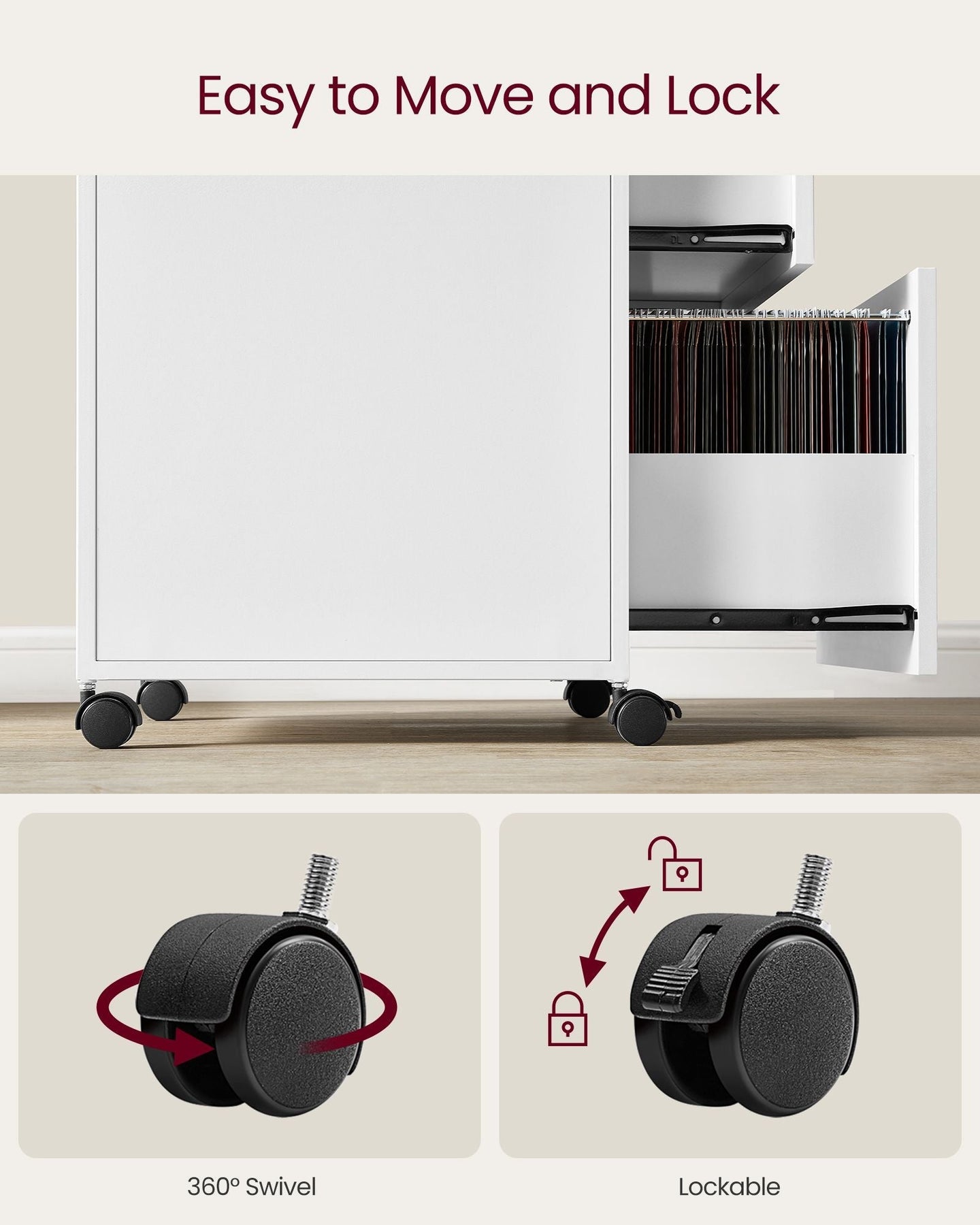 File Cabinet - Steel - Cloud White - 2 Drawers with Open Compartment and Wheels