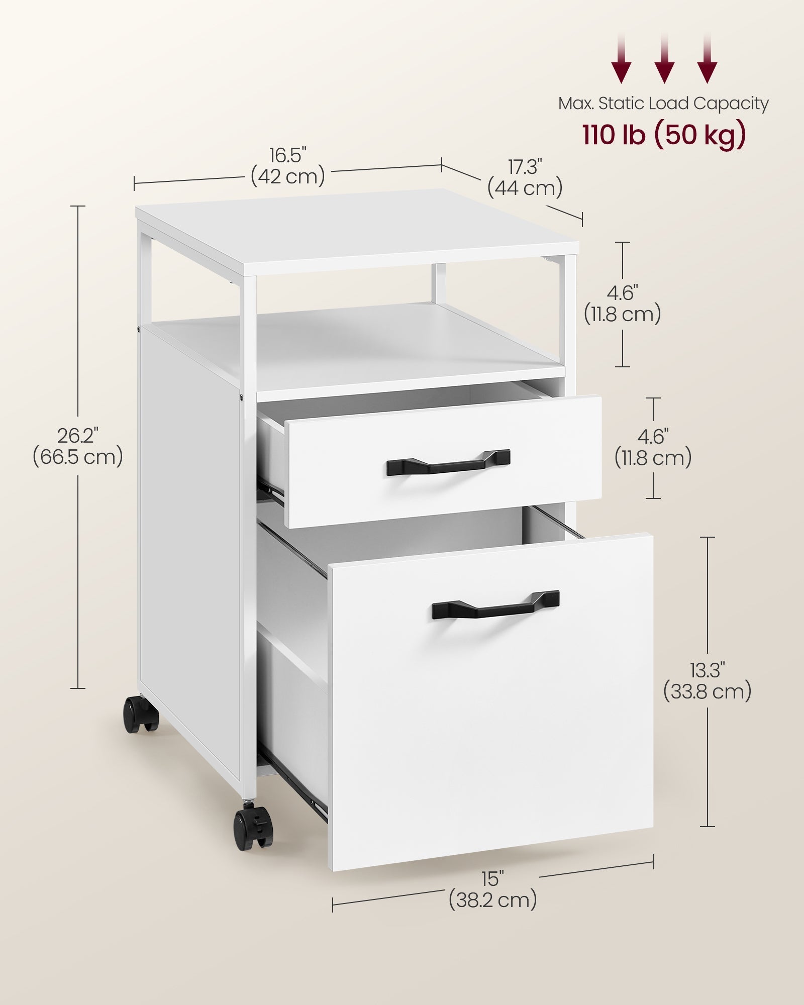 File Cabinet - Steel - Cloud White - 2 Drawers with Open Compartment and Wheels