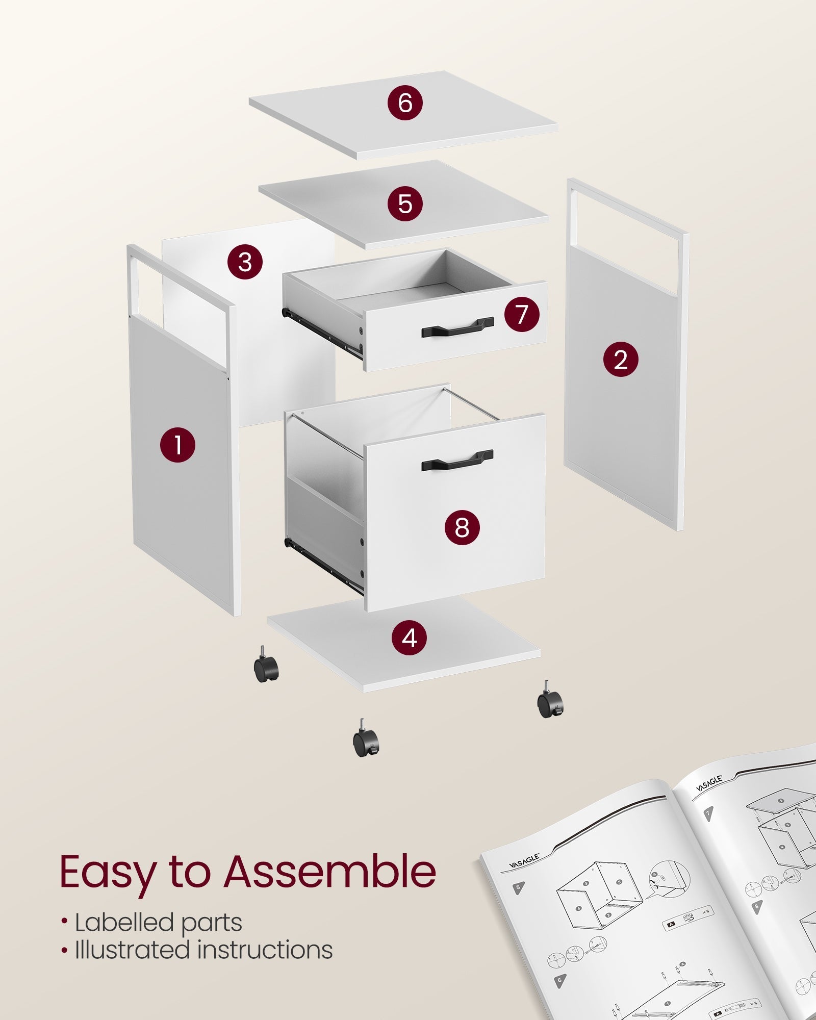 File Cabinet - Steel - Cloud White - 2 Drawers with Open Compartment and Wheels