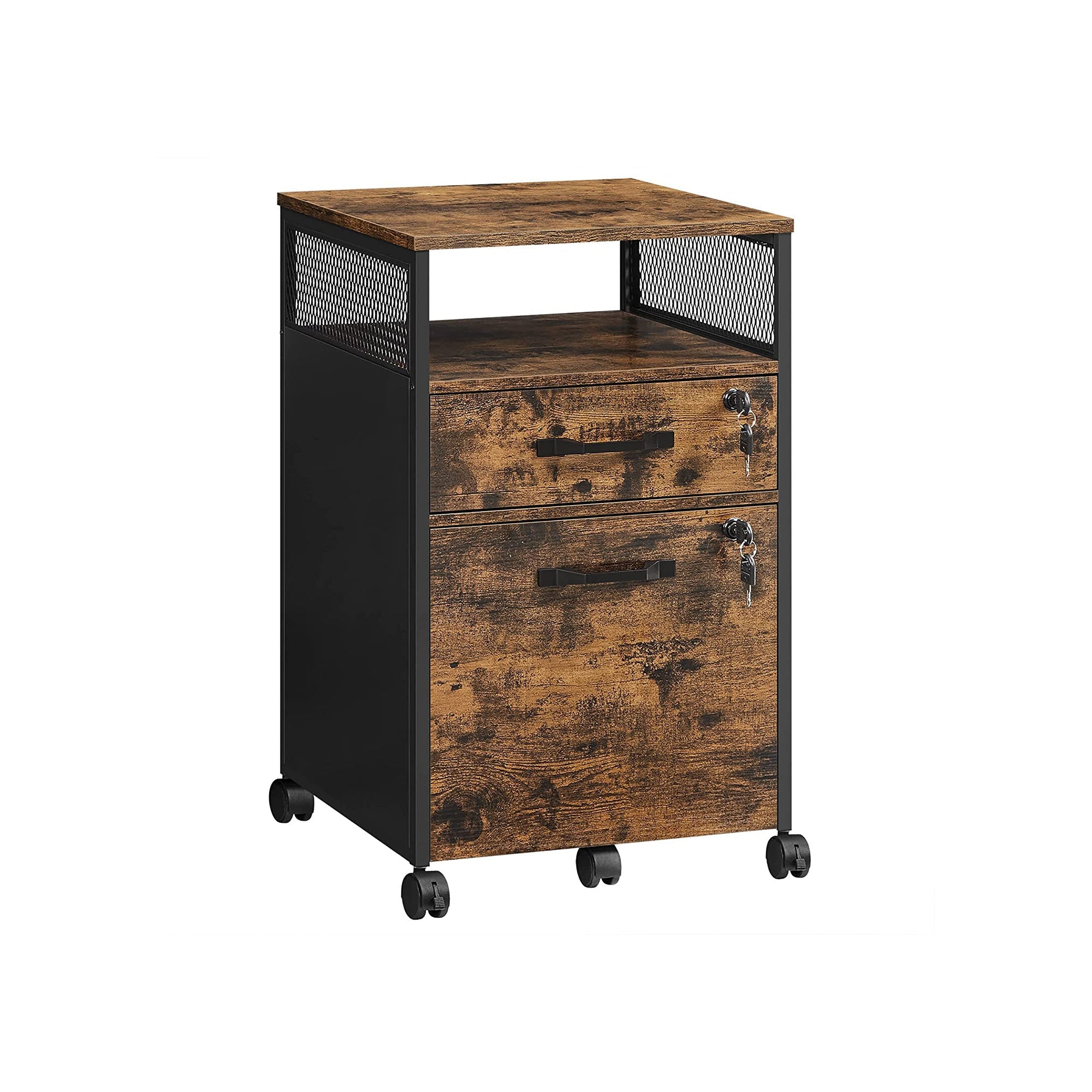 Filing Cabinet - Steel - Rustic Brown and Black - 2 Lockable Drawers with Castors and Open Shelf