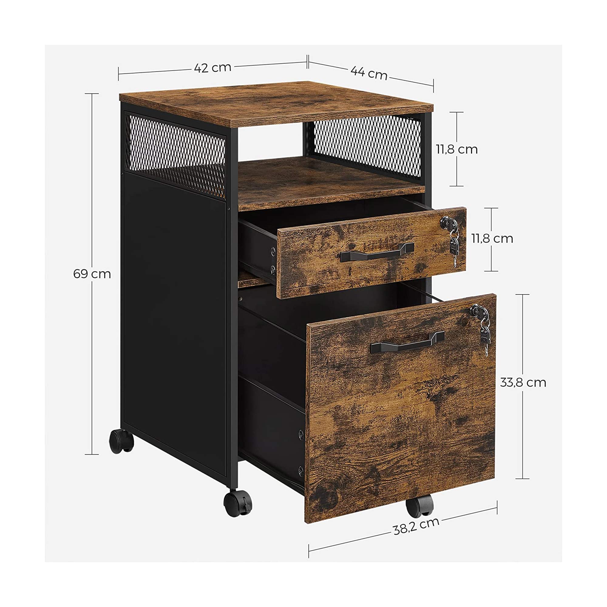 Filing Cabinet - Steel - Rustic Brown and Black - 2 Lockable Drawers with Castors and Open Shelf