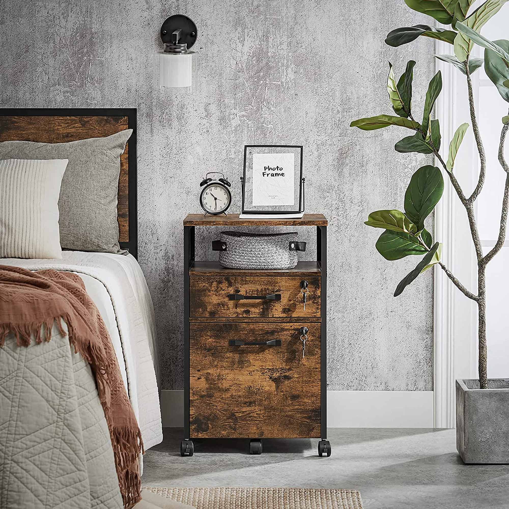 Filing Cabinet - Steel - Rustic Brown and Black - 2 Lockable Drawers with Castors and Open Shelf