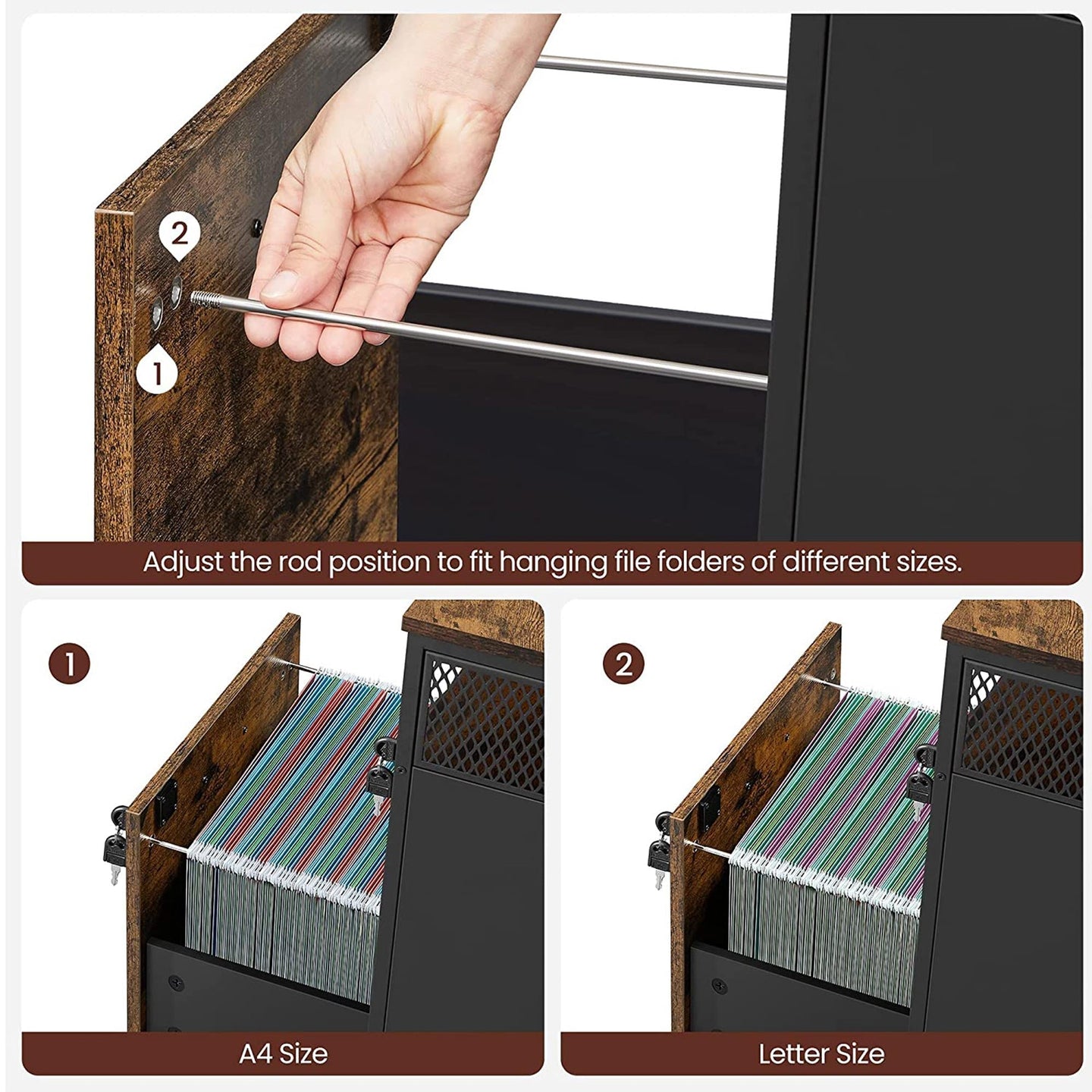 Filing Cabinet - Steel - Rustic Brown and Black - 2 Lockable Drawers with Castors and Open Shelf