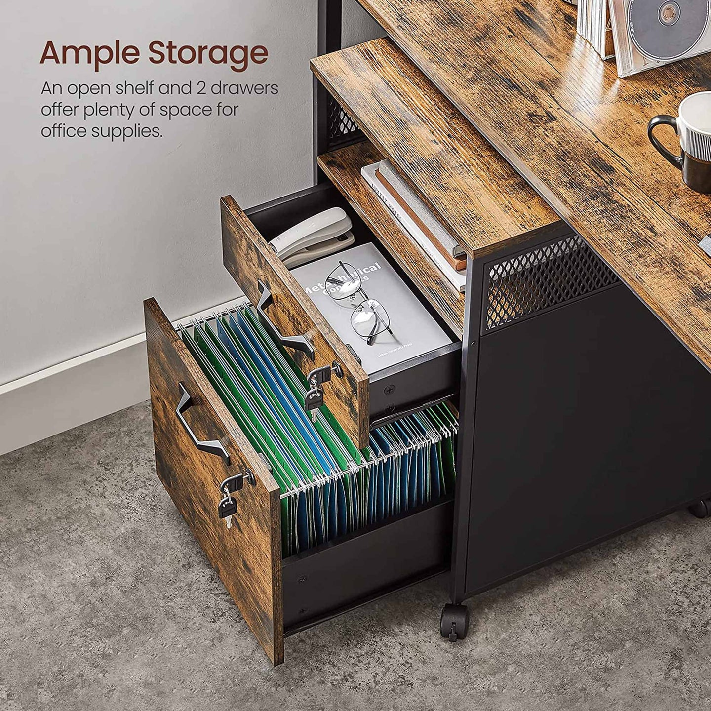 Filing Cabinet - Steel - Rustic Brown and Black - 2 Lockable Drawers with Castors and Open Shelf