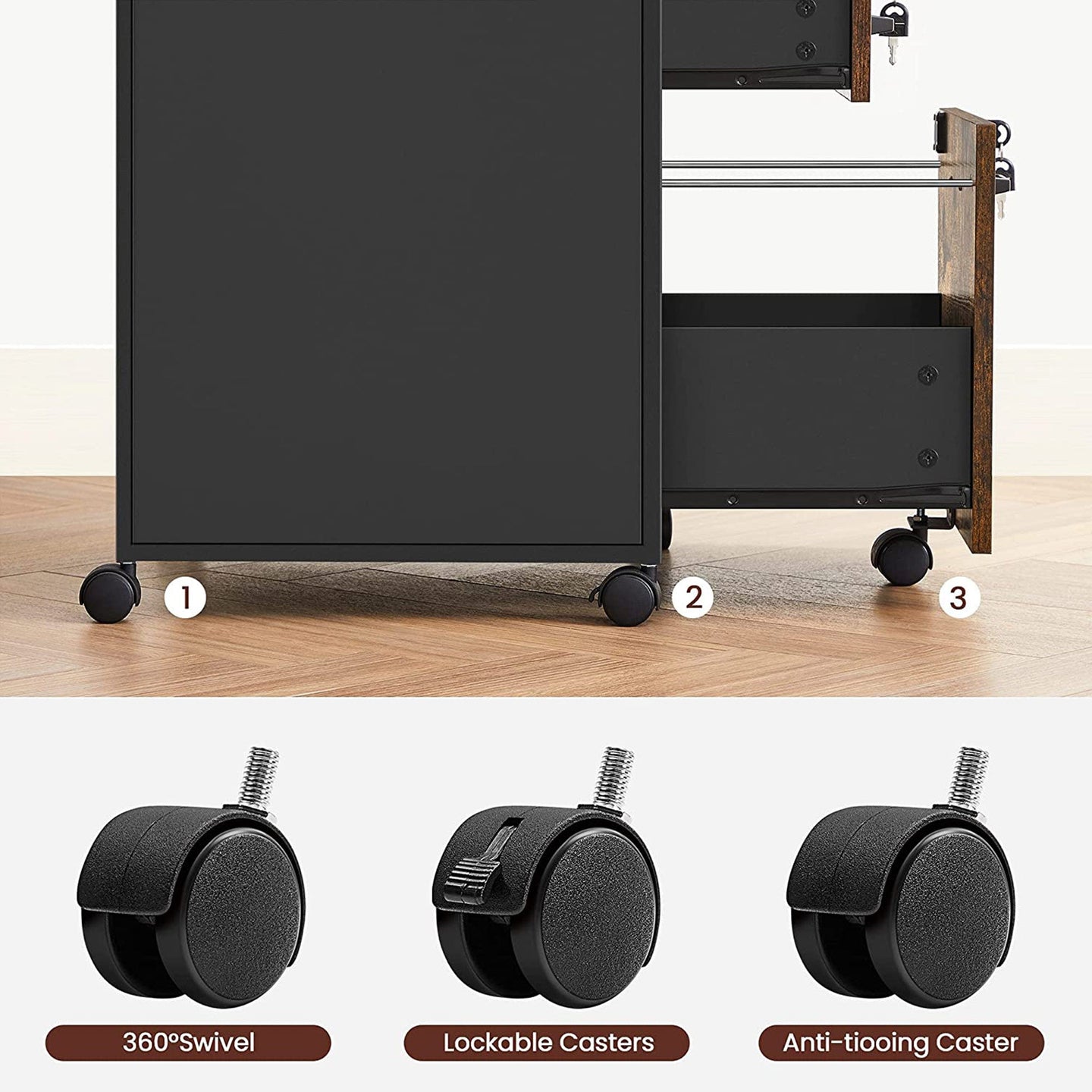 Filing Cabinet - Steel - Rustic Brown and Black - 2 Lockable Drawers with Castors and Open Shelf