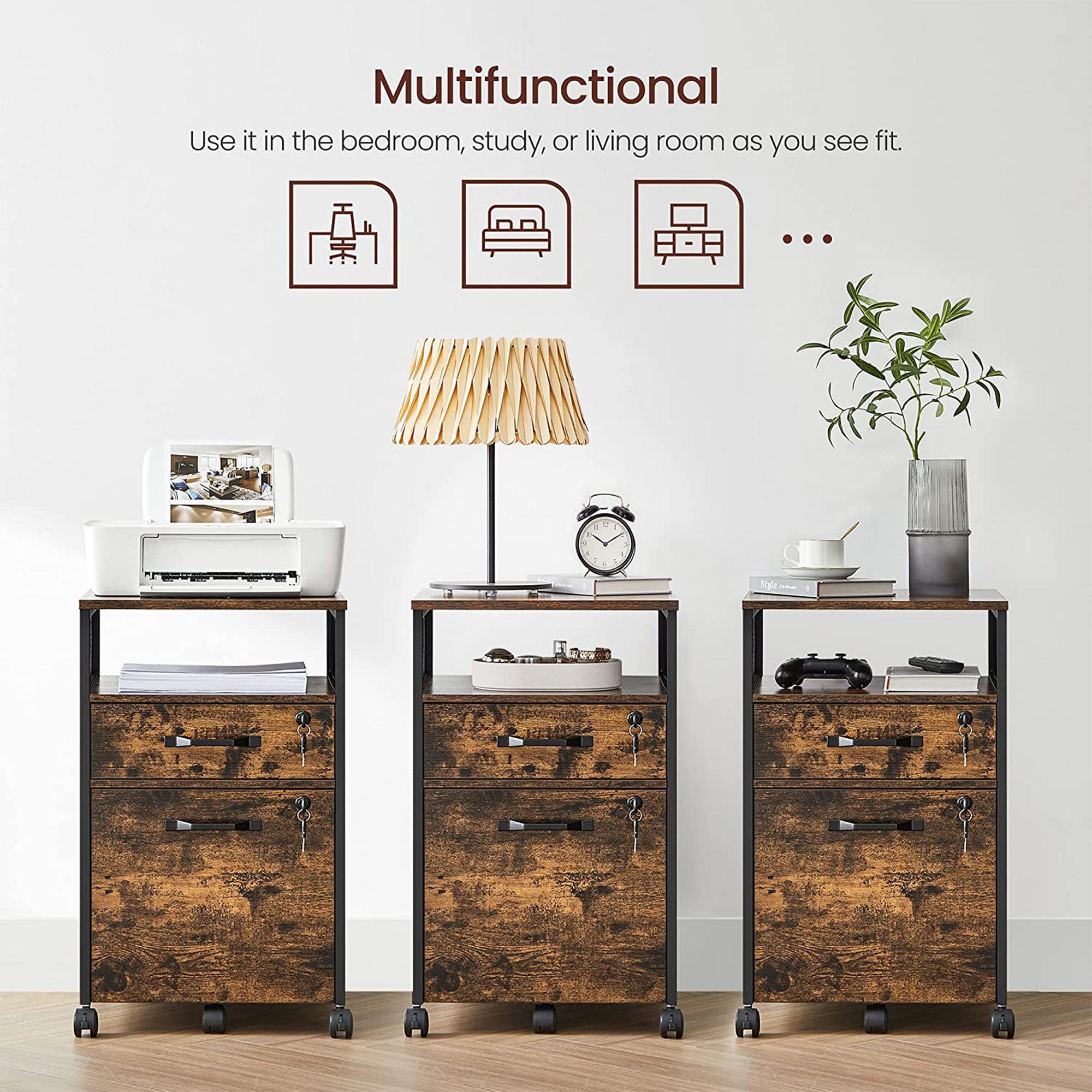 Filing Cabinet - Steel - Rustic Brown and Black - 2 Lockable Drawers with Castors and Open Shelf