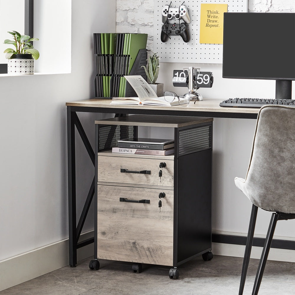 Mobile Filing Cabinet, 2 Drawers - Steel - Greige and Black