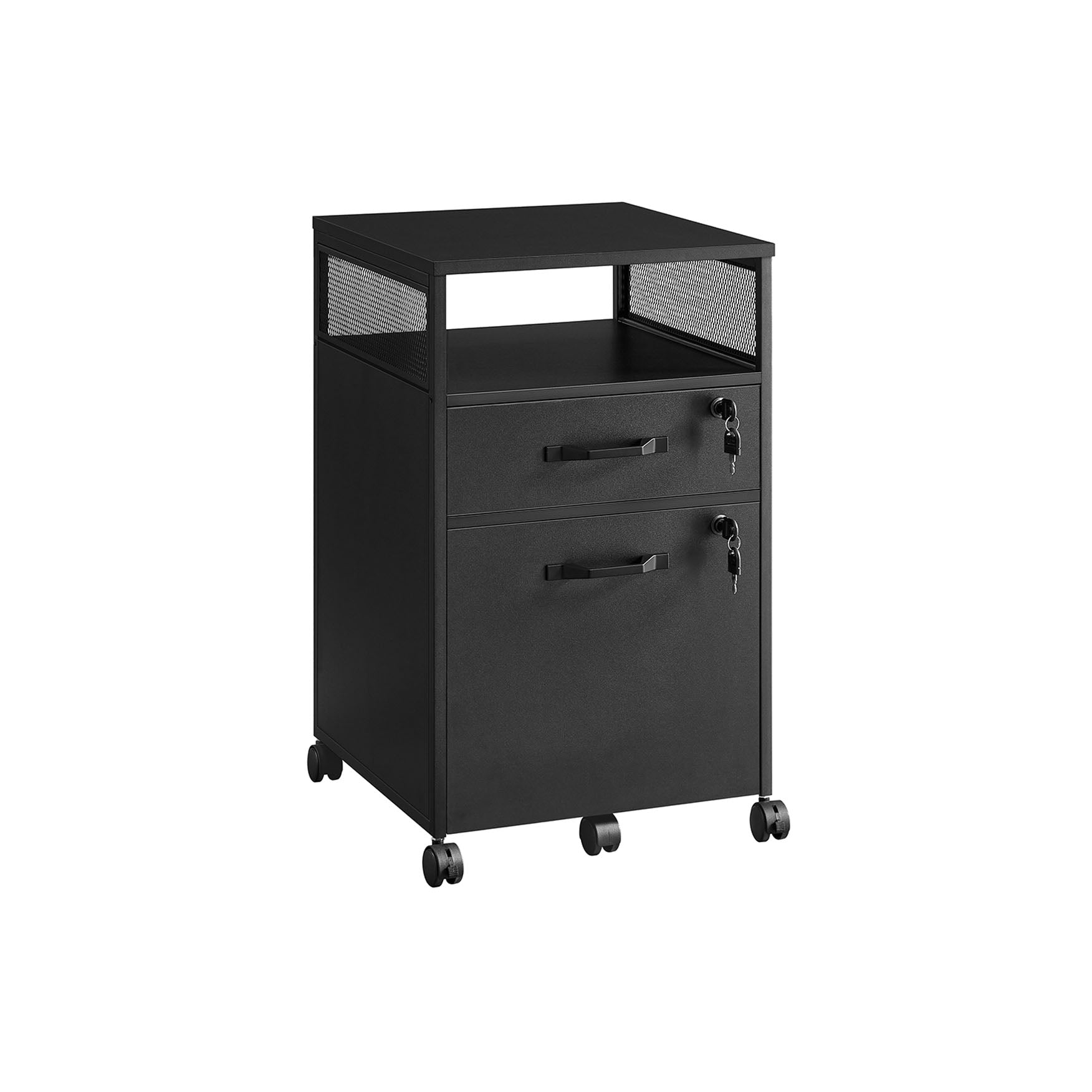 Filing Cabinet - Steel - Rustic Brown and Black - 2 Lockable Drawers with Castors and Open Shelf