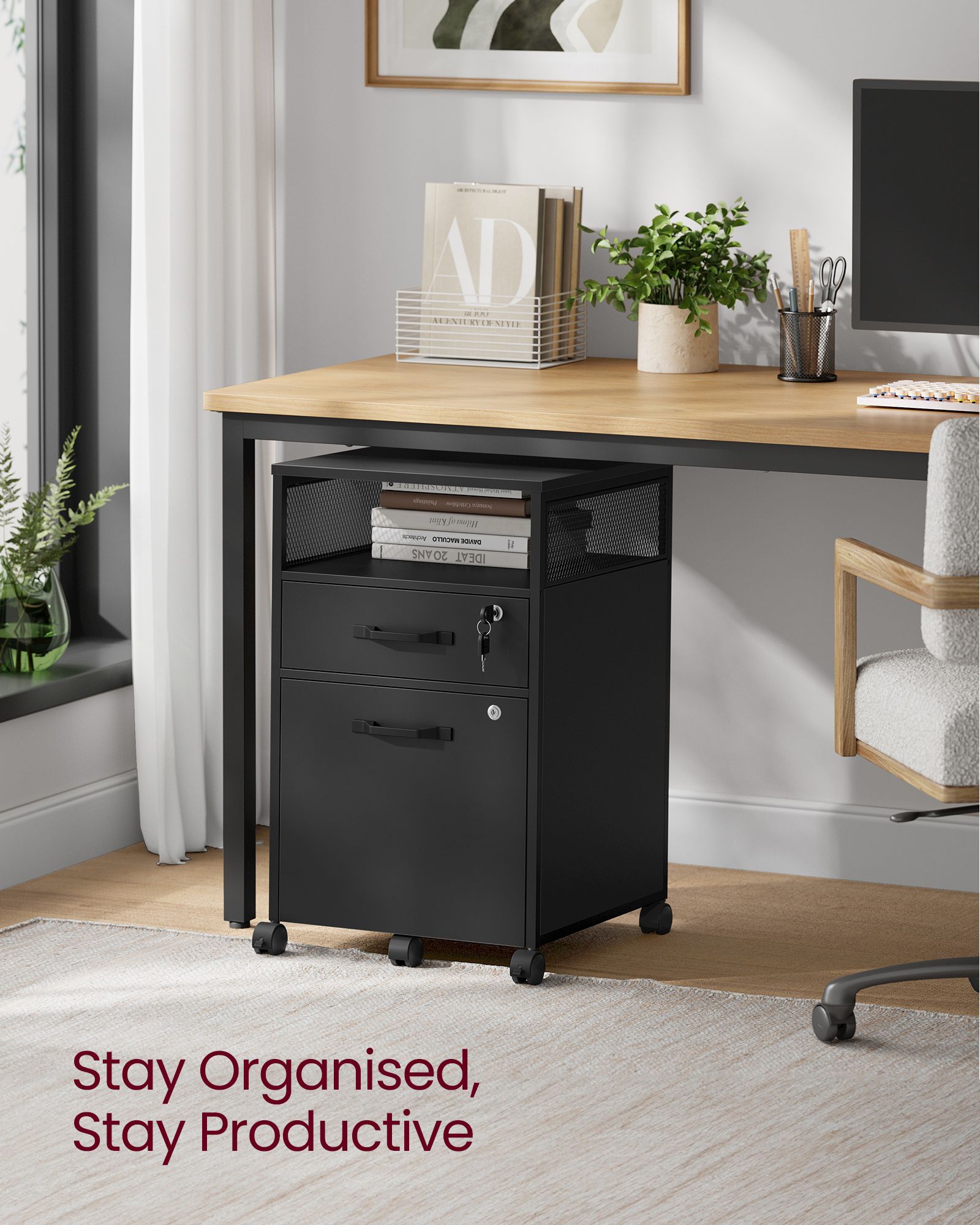 Mobile File Cabinet - Steel - Ink Black - 2 Lockable Drawers