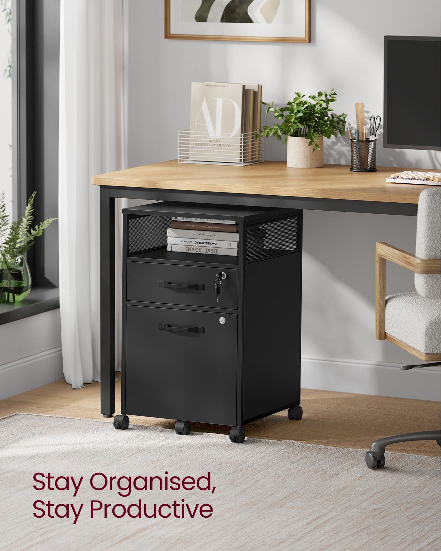 Mobile File Cabinet - Steel - Ink Black - 2 Lockable Drawers