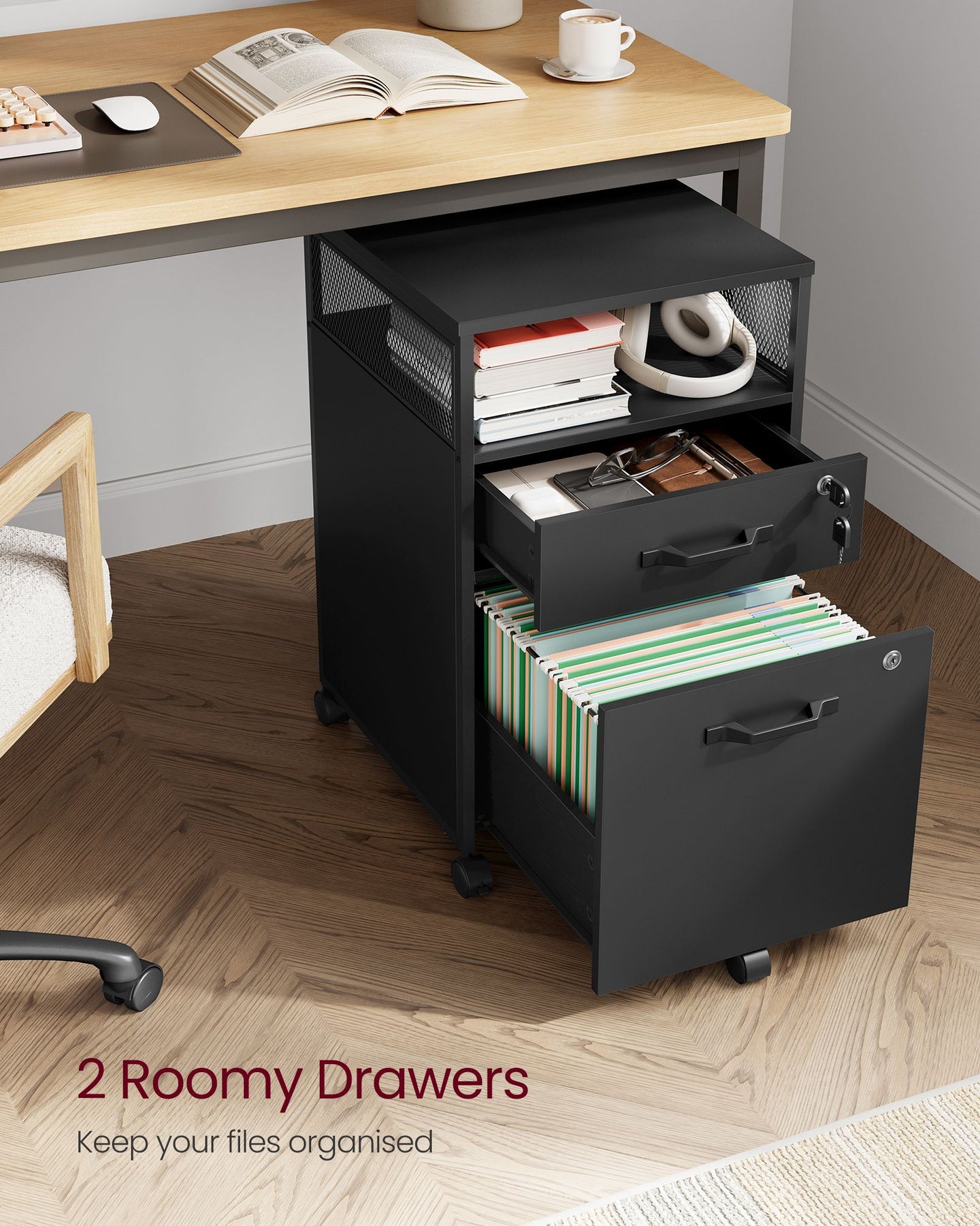 Mobile File Cabinet - Steel - Ink Black - 2 Lockable Drawers