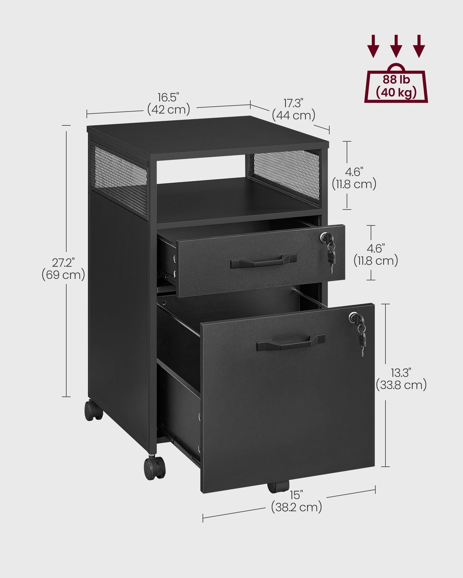 Mobile File Cabinet - Steel - Ink Black - 2 Lockable Drawers