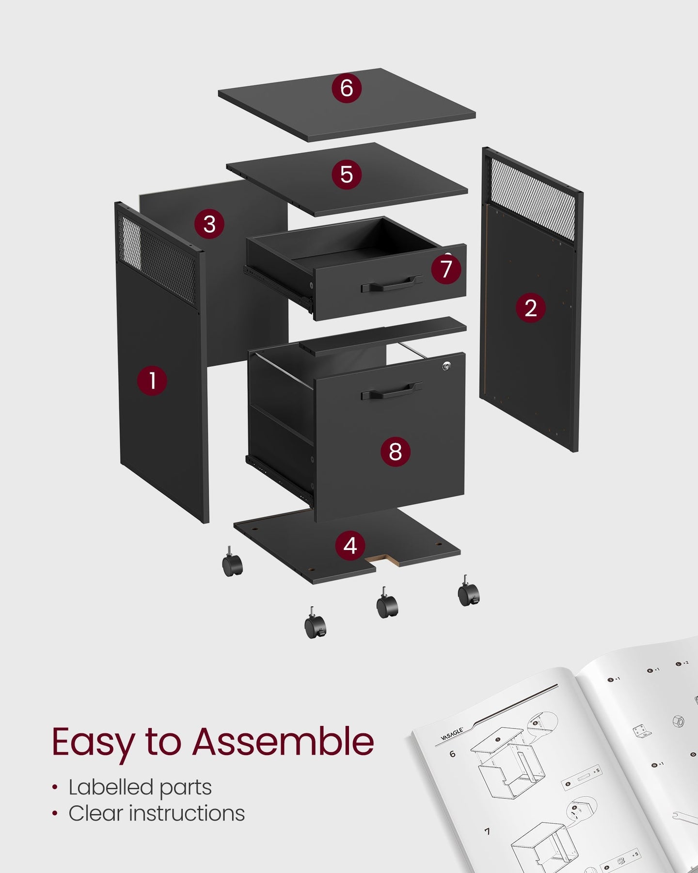 Mobile File Cabinet - Steel - Ink Black - 2 Lockable Drawers