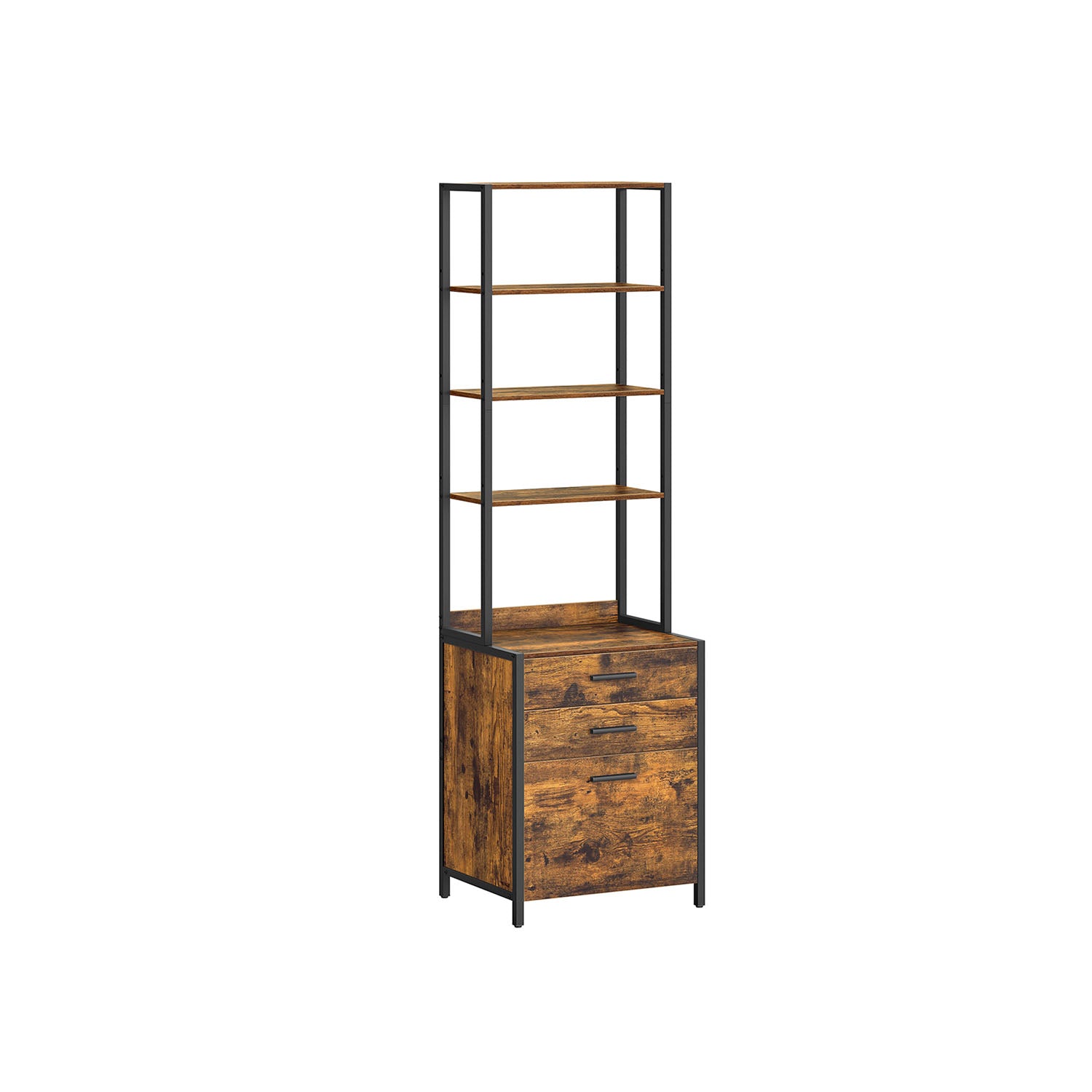 3-Drawer Filing Cabinet - Steel - Rustic Brown - Height-Adjustable Open Shelves