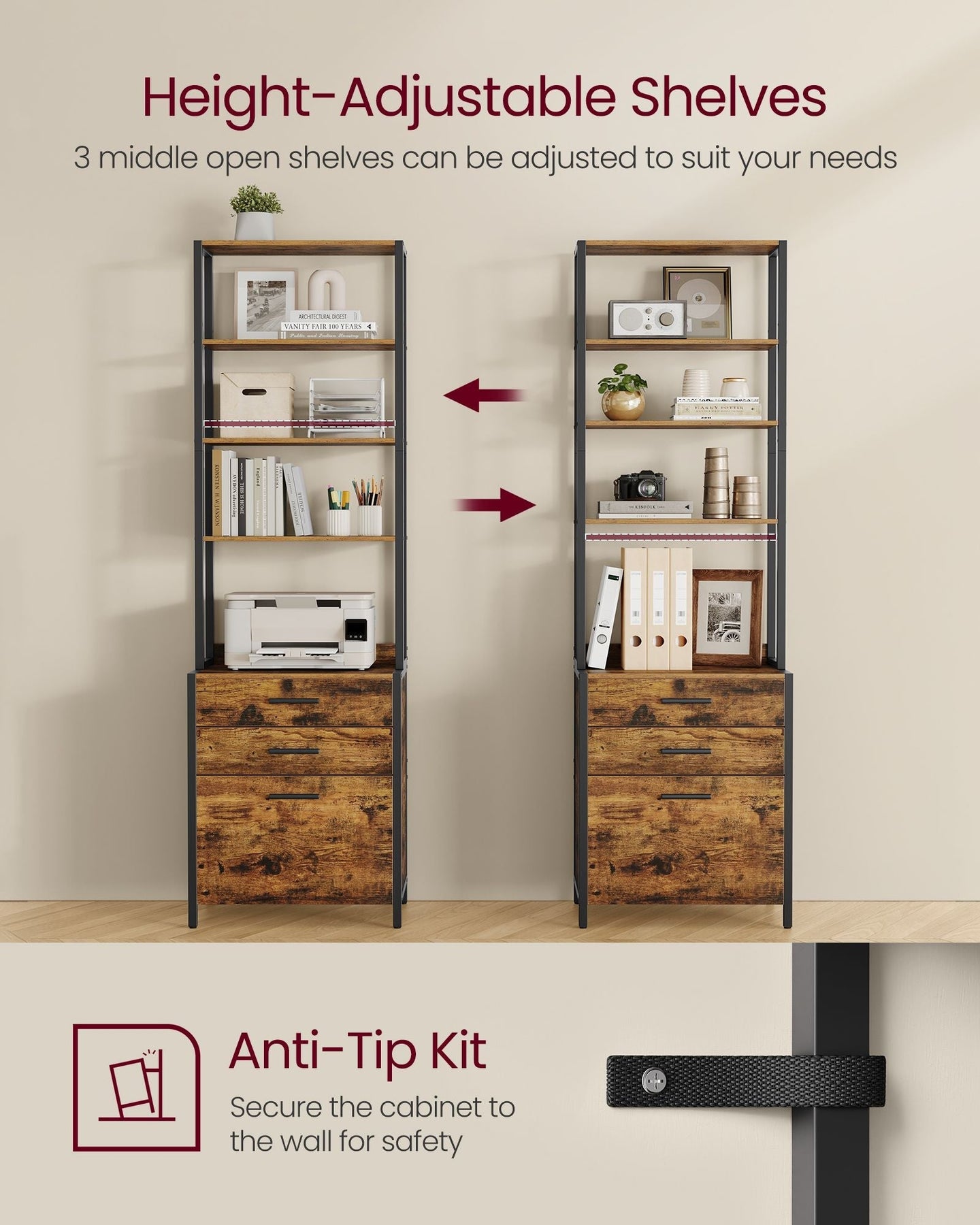 3-Drawer Filing Cabinet - Steel - Rustic Brown - Height-Adjustable Open Shelves