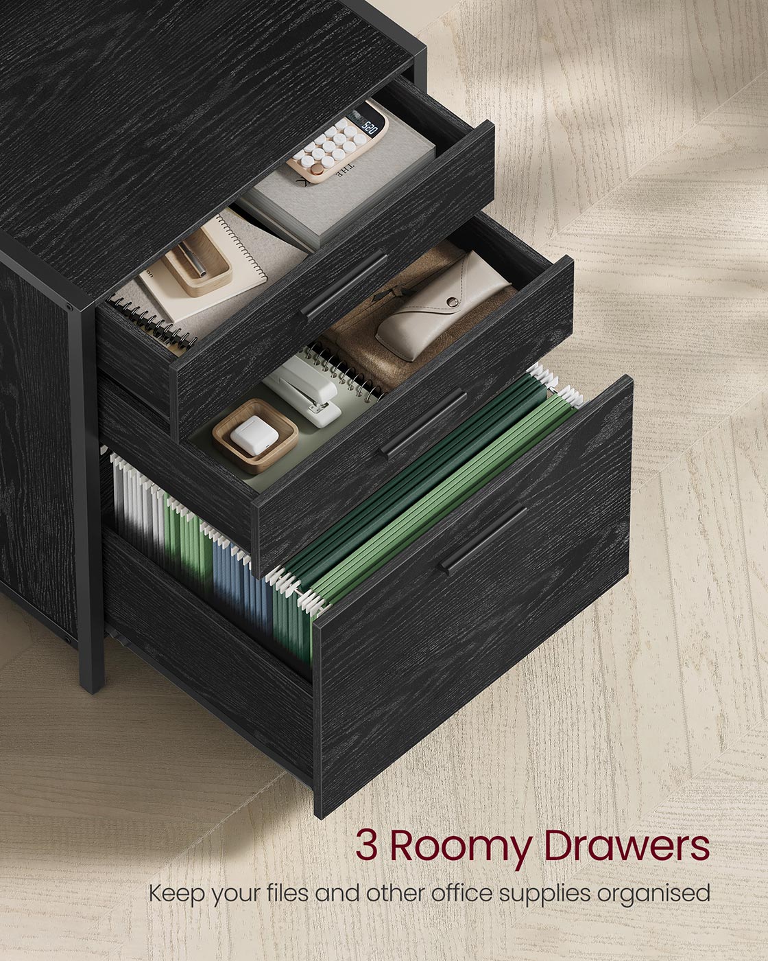 Filing Cabinet - Steel - Ebony Black - Height-Adjustable Open Shelves with 3 Drawers