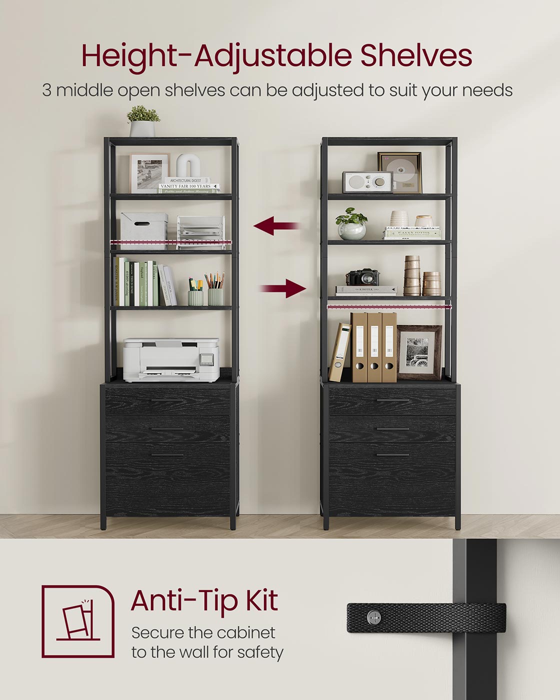 Filing Cabinet - Steel - Ebony Black - Height-Adjustable Open Shelves with 3 Drawers