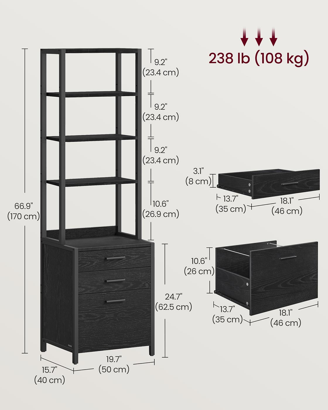 Filing Cabinet - Steel - Ebony Black - Height-Adjustable Open Shelves with 3 Drawers