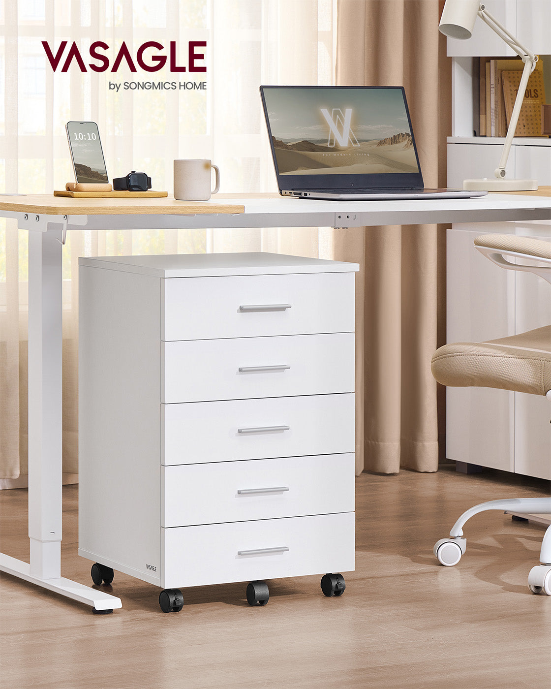 Rolling Filing Cabinet - 5 Drawers with Wheels - MDF - Cloud White