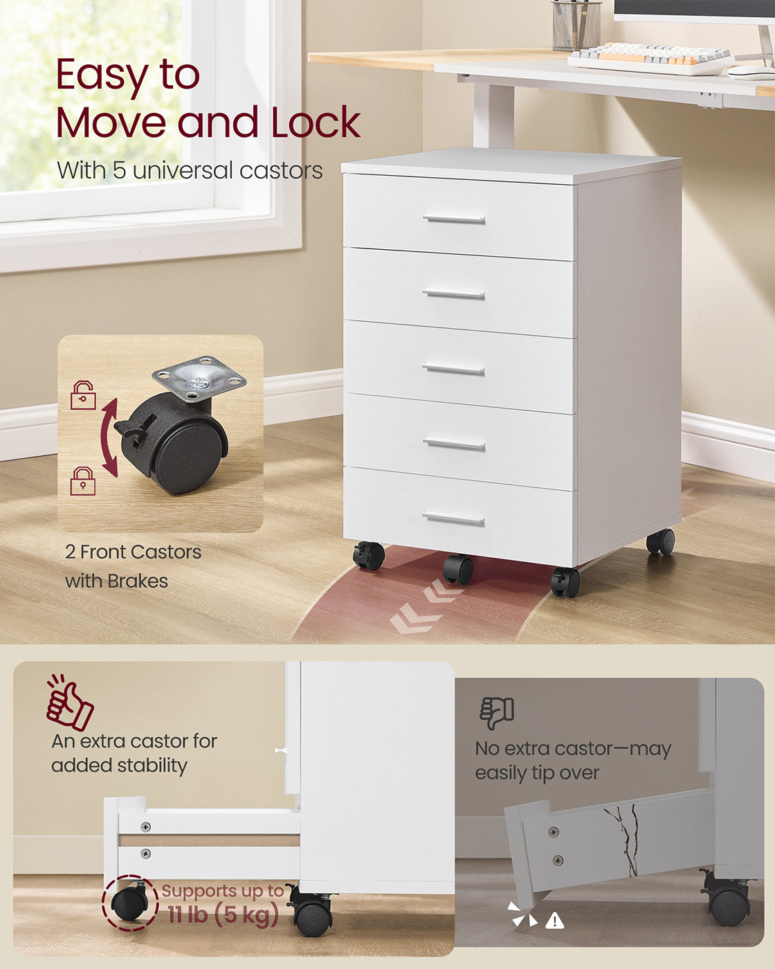 Rolling Filing Cabinet - 5 Drawers with Wheels - MDF - Cloud White