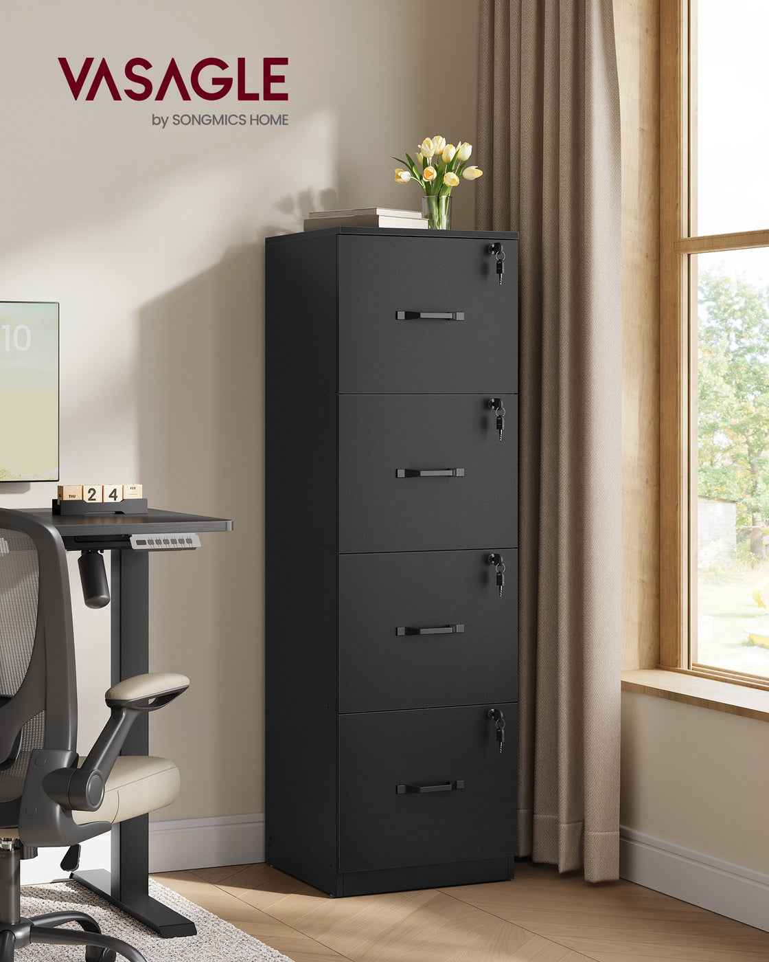 Filing Cabinet - Engineered Wood - Cloud White - 4 Lockable Drawers with Adjustable Hanging Rail