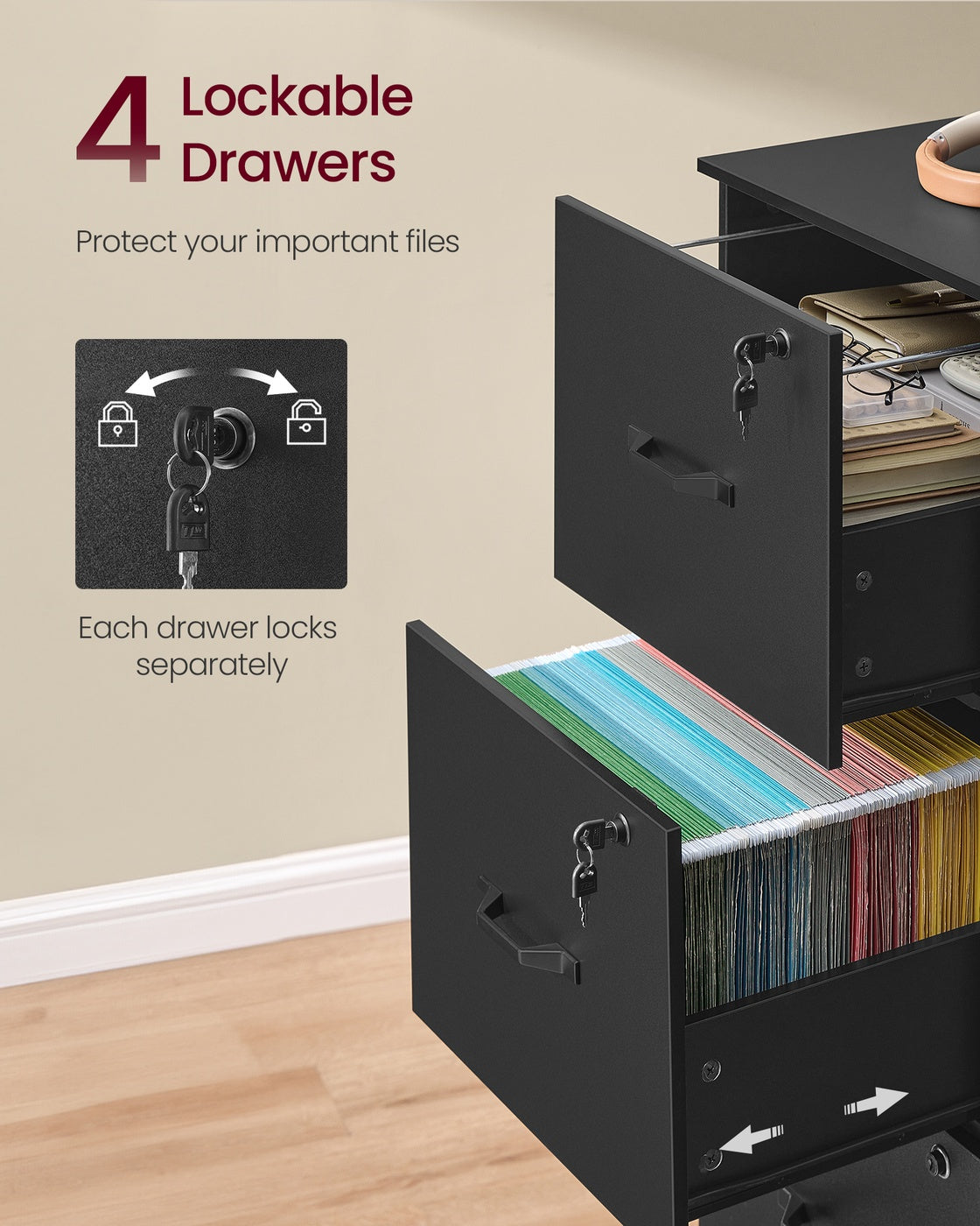 Filing Cabinet - Engineered Wood - Cloud White - 4 Lockable Drawers with Adjustable Hanging Rail