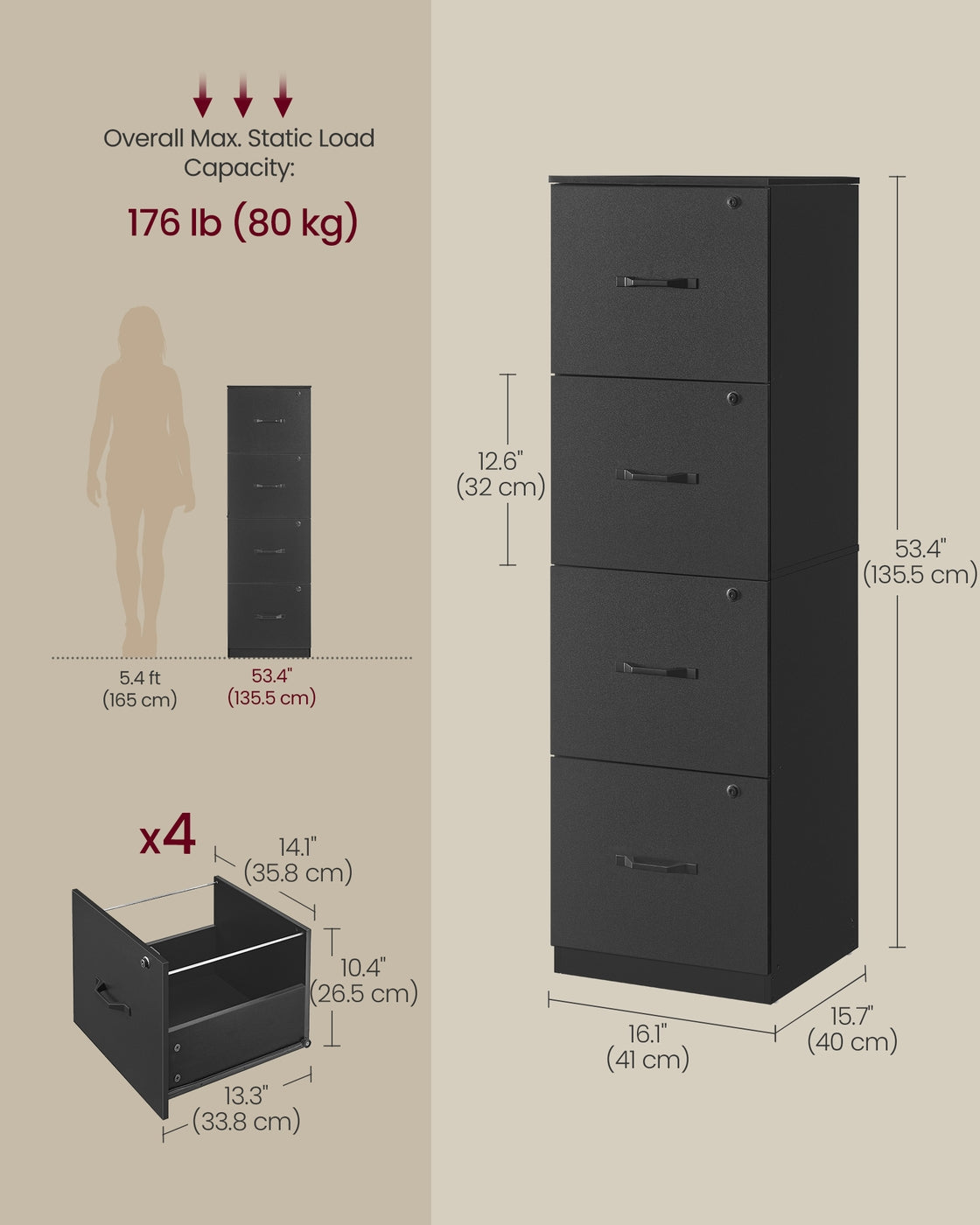 Filing Cabinet - Engineered Wood - Cloud White - 4 Lockable Drawers with Adjustable Hanging Rail