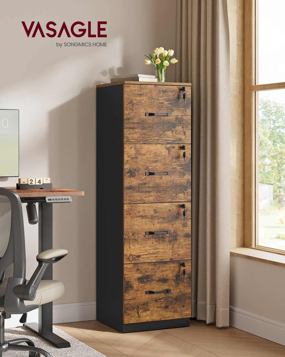 Filing Cabinet - Engineered Wood - Cloud White - 4 Lockable Drawers with Adjustable Hanging Rail