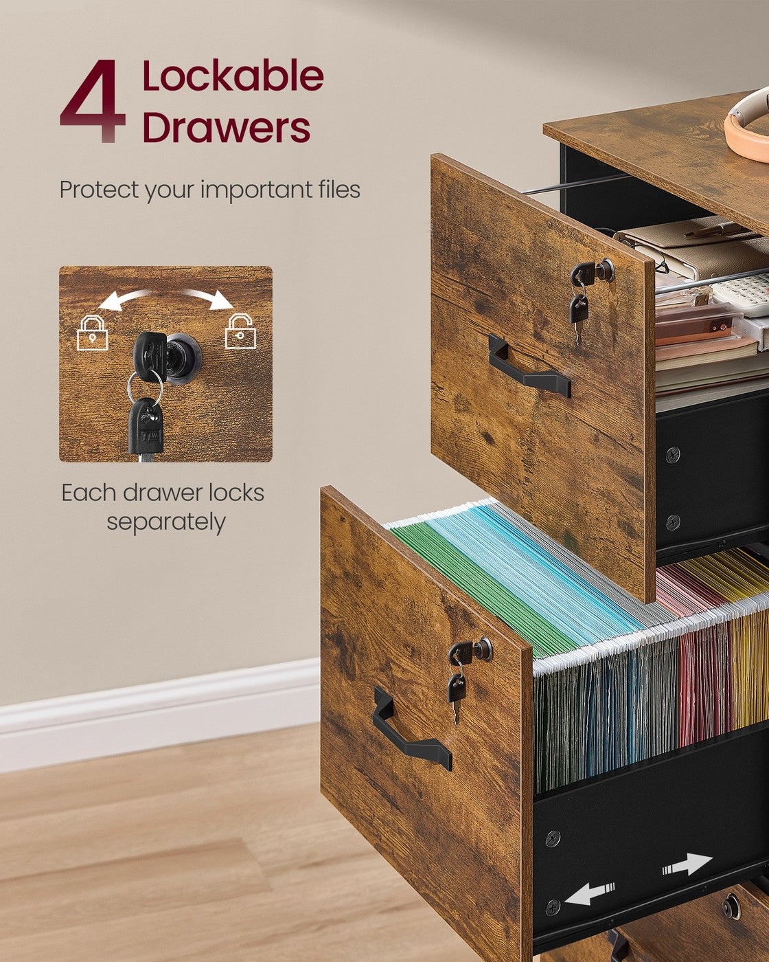 Filing Cabinet - Engineered Wood - Cloud White - 4 Lockable Drawers with Adjustable Hanging Rail