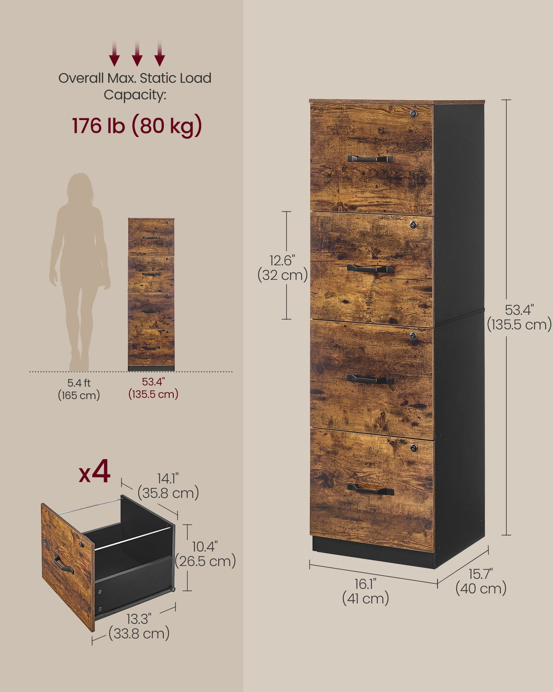 Filing Cabinet - Engineered Wood - Cloud White - 4 Lockable Drawers with Adjustable Hanging Rail